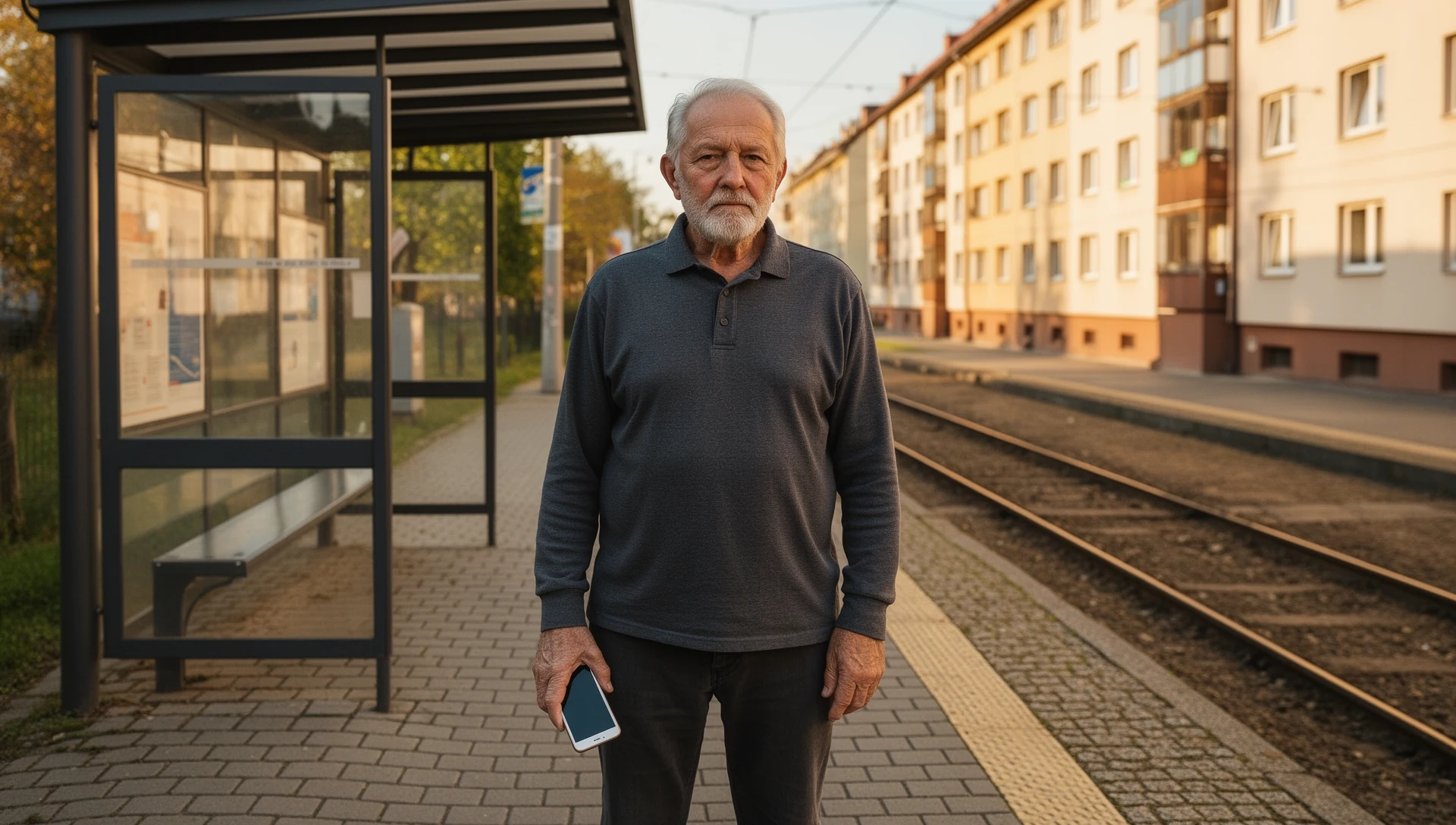 An older man, standing at a Czech tram stop, calmly checks his smartphone, demonstrating ease of use.
