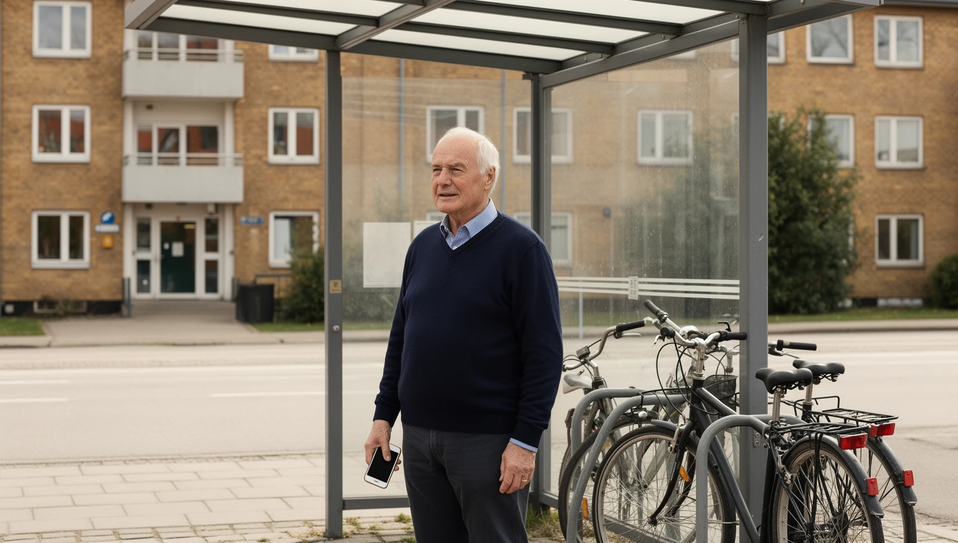 An older Danish man stands calmly at a bus stop, holding a smartphone in his hand, with urban architecture and bicycles in the background.