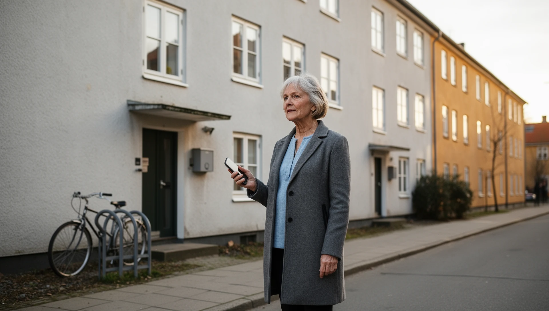 An older Danish woman stands on a sidewalk in an urban neighborhood, holding a smartphone, with a bike rack and apartment buildings in the background.