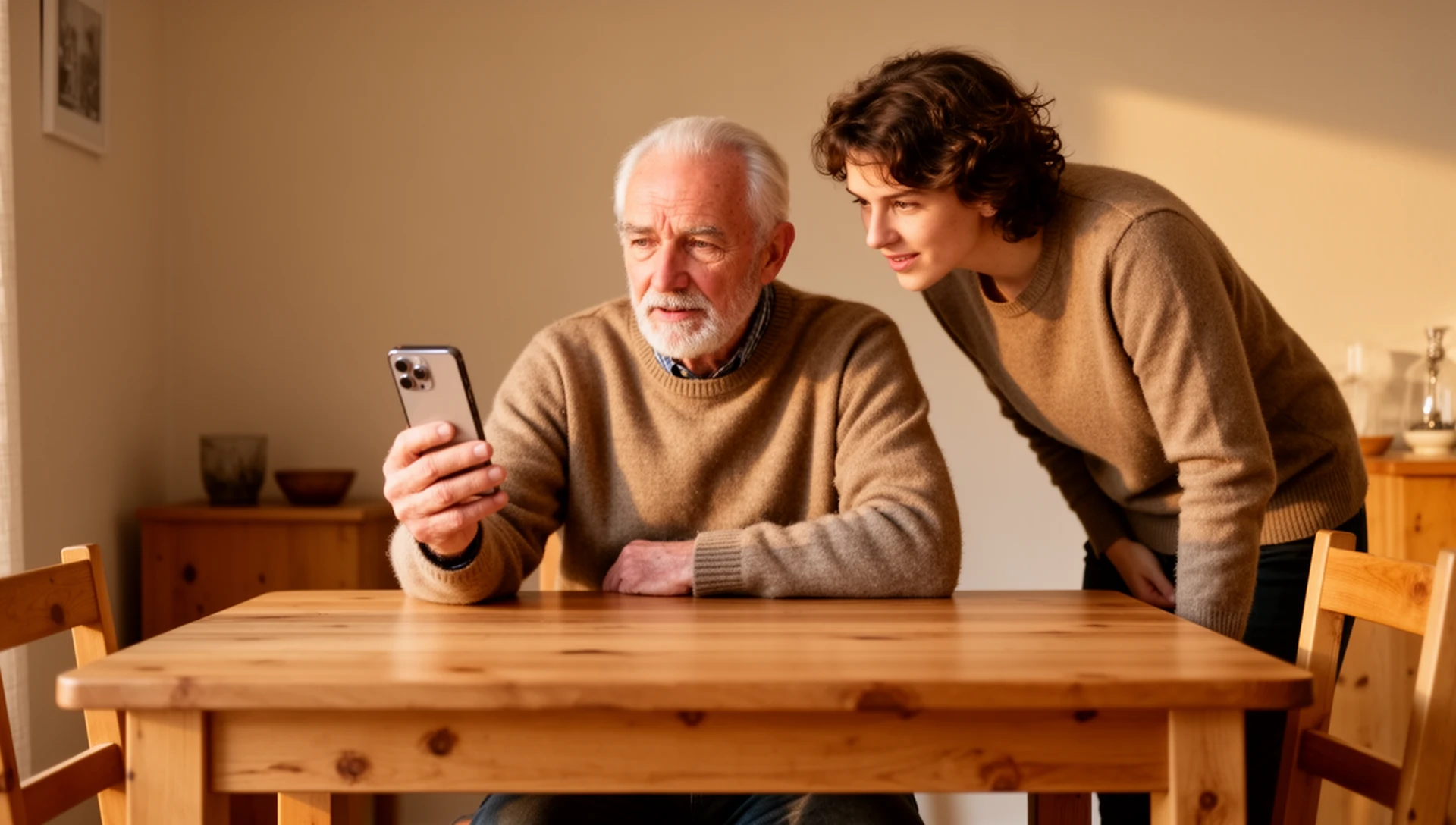 An older Swiss man and an adult child at a dining table, the man holding his smartphone near his chest, listening attentively, showing family support.