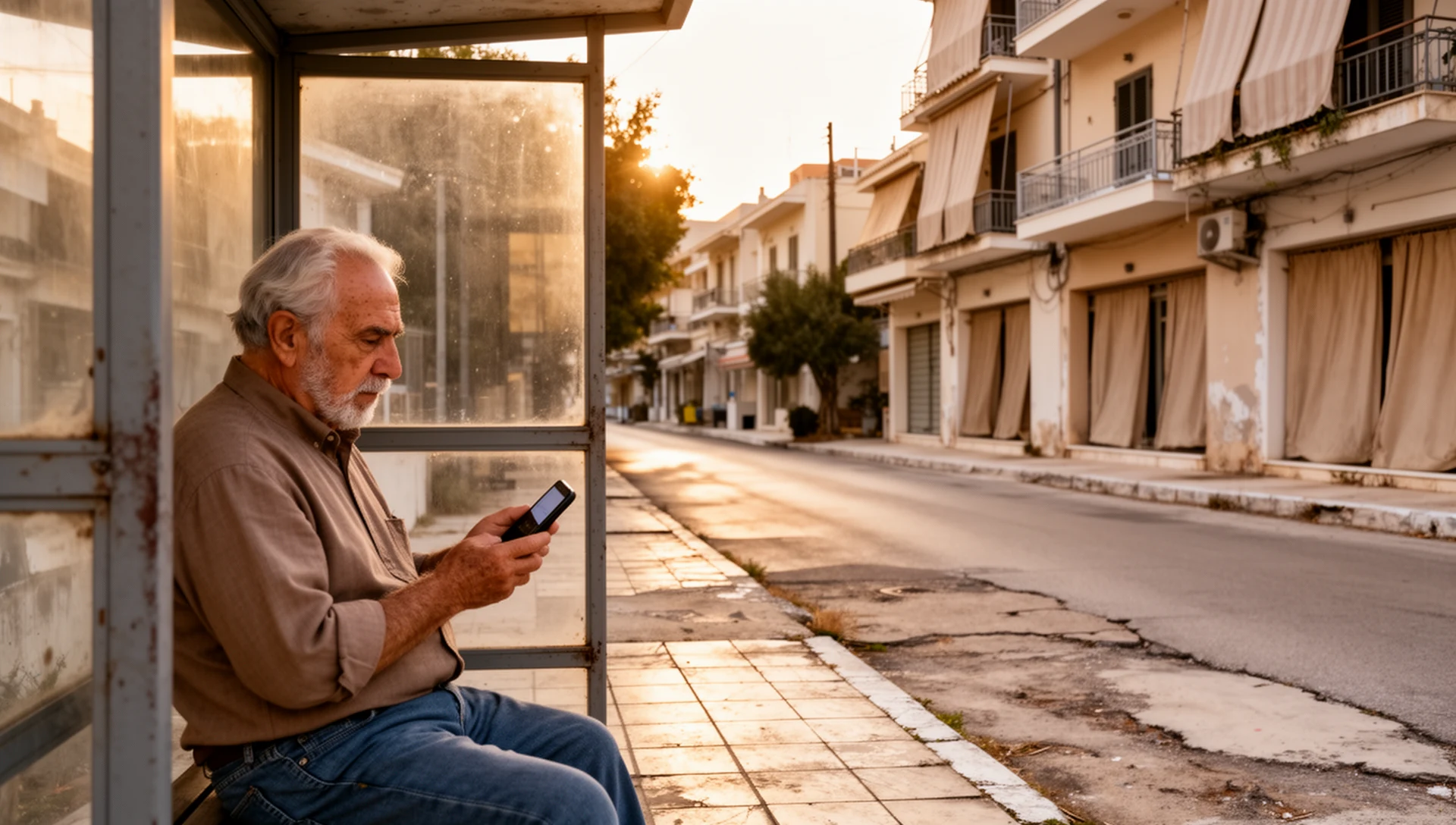 An older Greek man calmly checks his simplified smartphone while waiting at a bus stop, showing ease of use in daily transit.