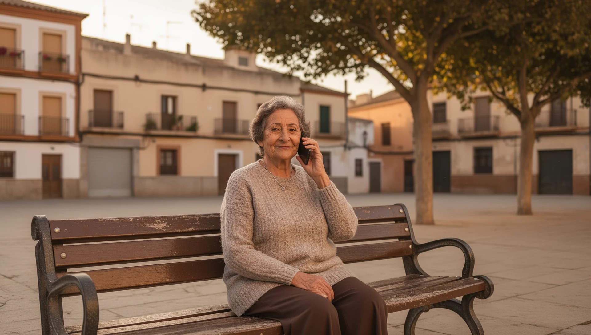 An older woman sits on a bench in a Spanish neighborhood square, calmly talking on her phone.