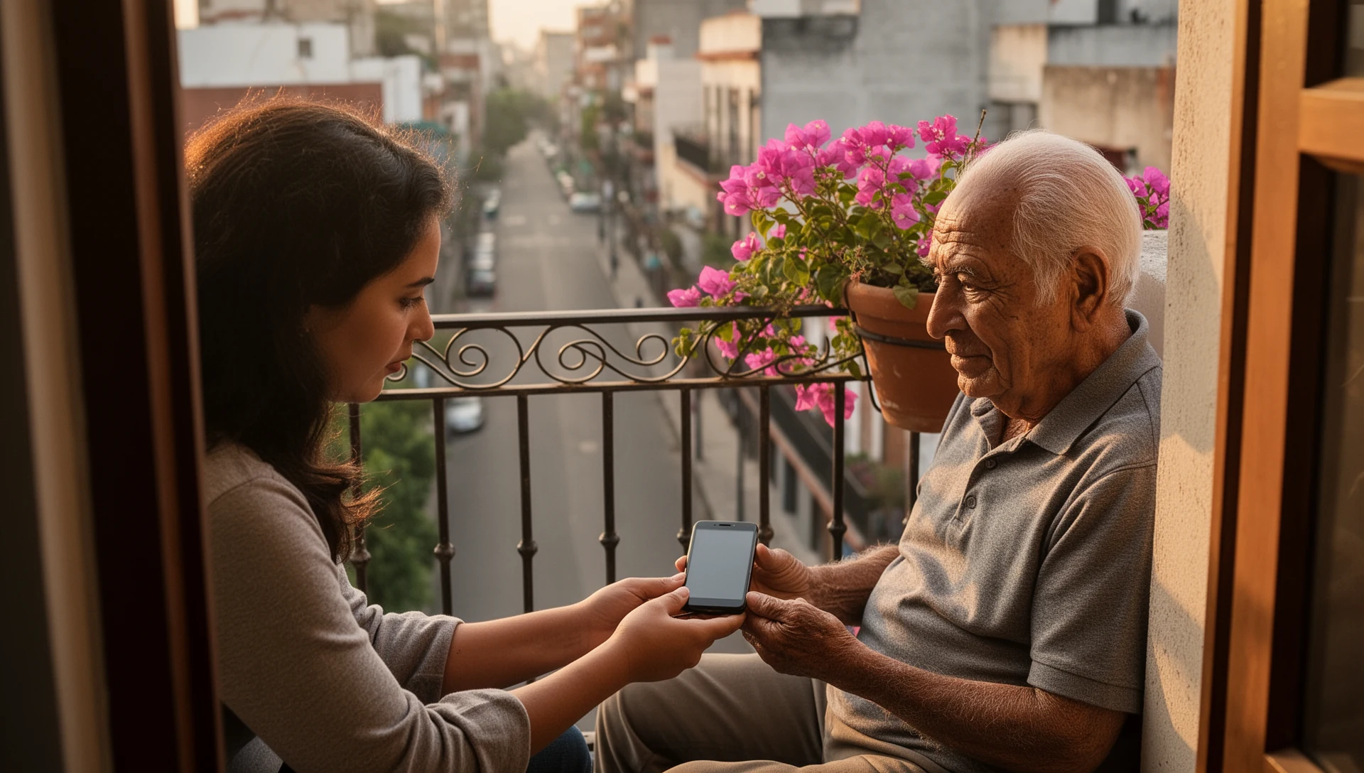 An adult daughter gently shows her older father how to use his simplified smartphone on a balcony, both looking at the device.