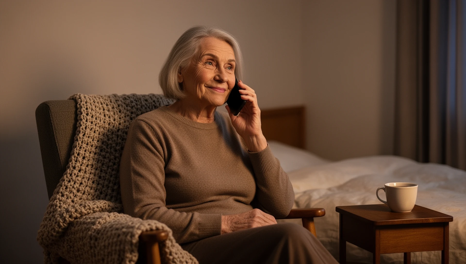 An older woman sitting comfortably in an armchair in her bedroom, speaking on her smartphone with a serene expression.