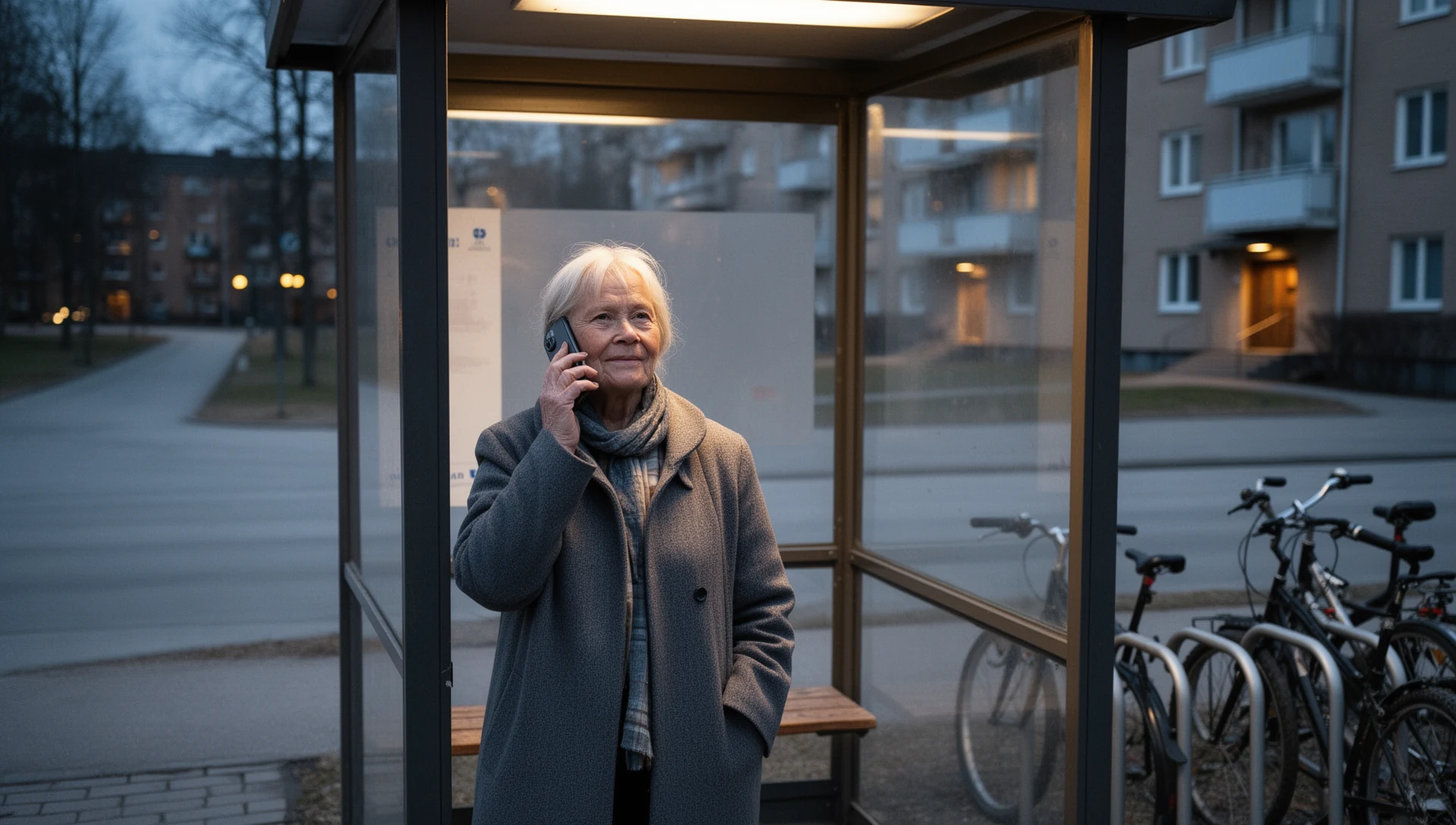 An older woman confidently making a call at a bus stop, demonstrating the ease of communication with a simplified phone.