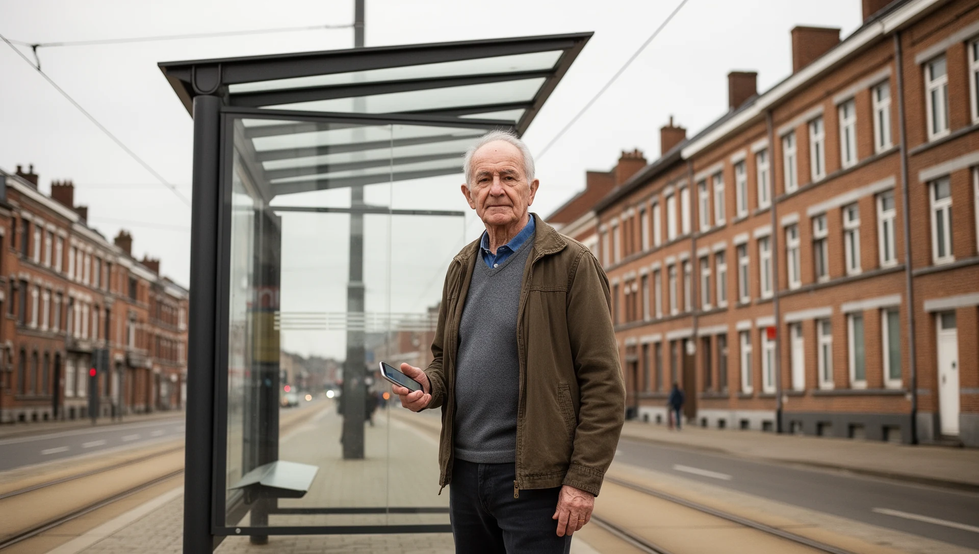 An older Belgian man stands calmly at a tram stop shelter, holding a smartphone lowered in his hand, looking at it with a relaxed expression. The background shows typical brick buildings of a Wallonia-Brussels city.