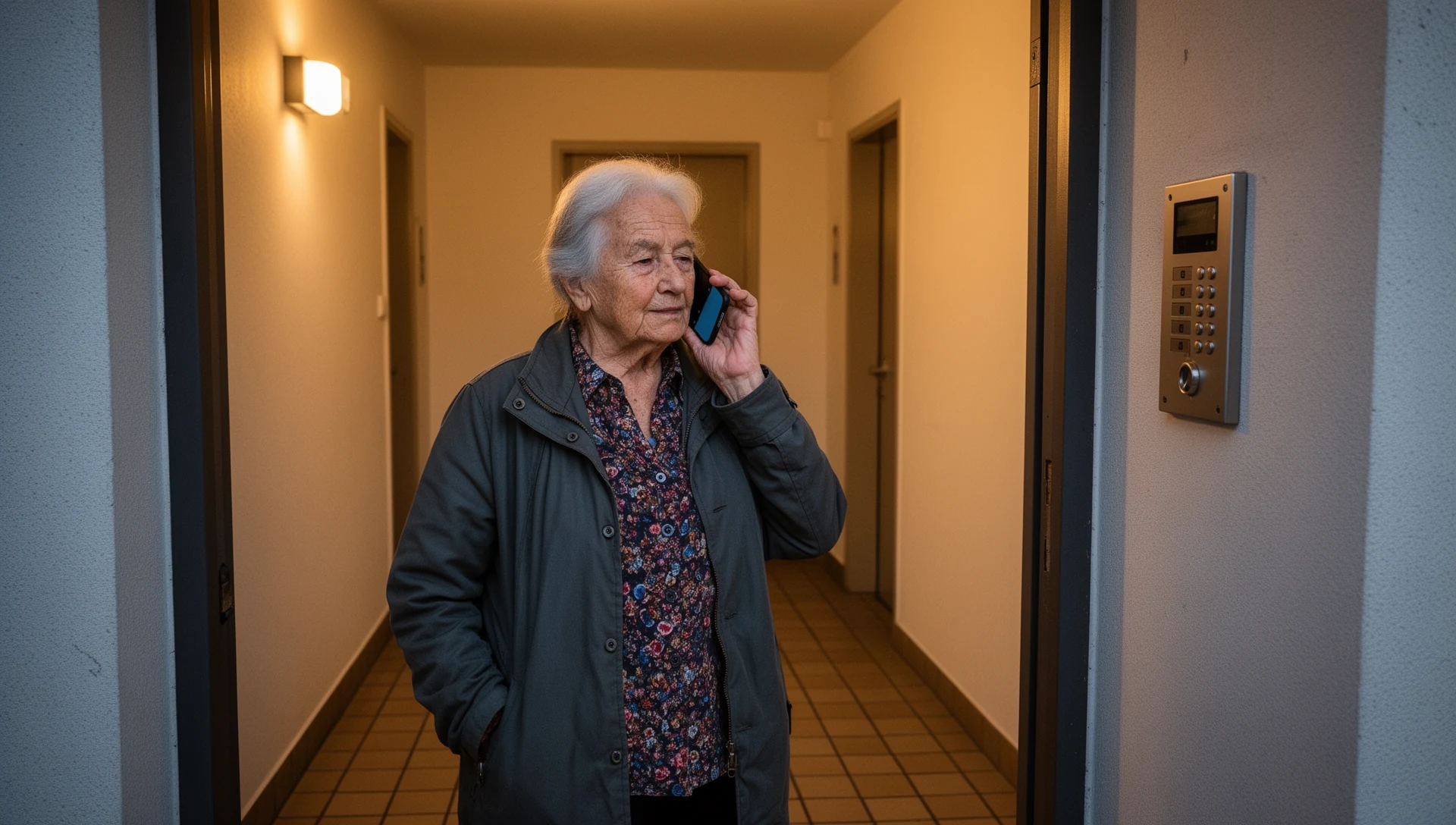 An older Belgian woman stands in the entrance lobby of an apartment building, holding a smartphone to her ear, speaking with a calm and connected expression. An intercom panel is visible in the background.