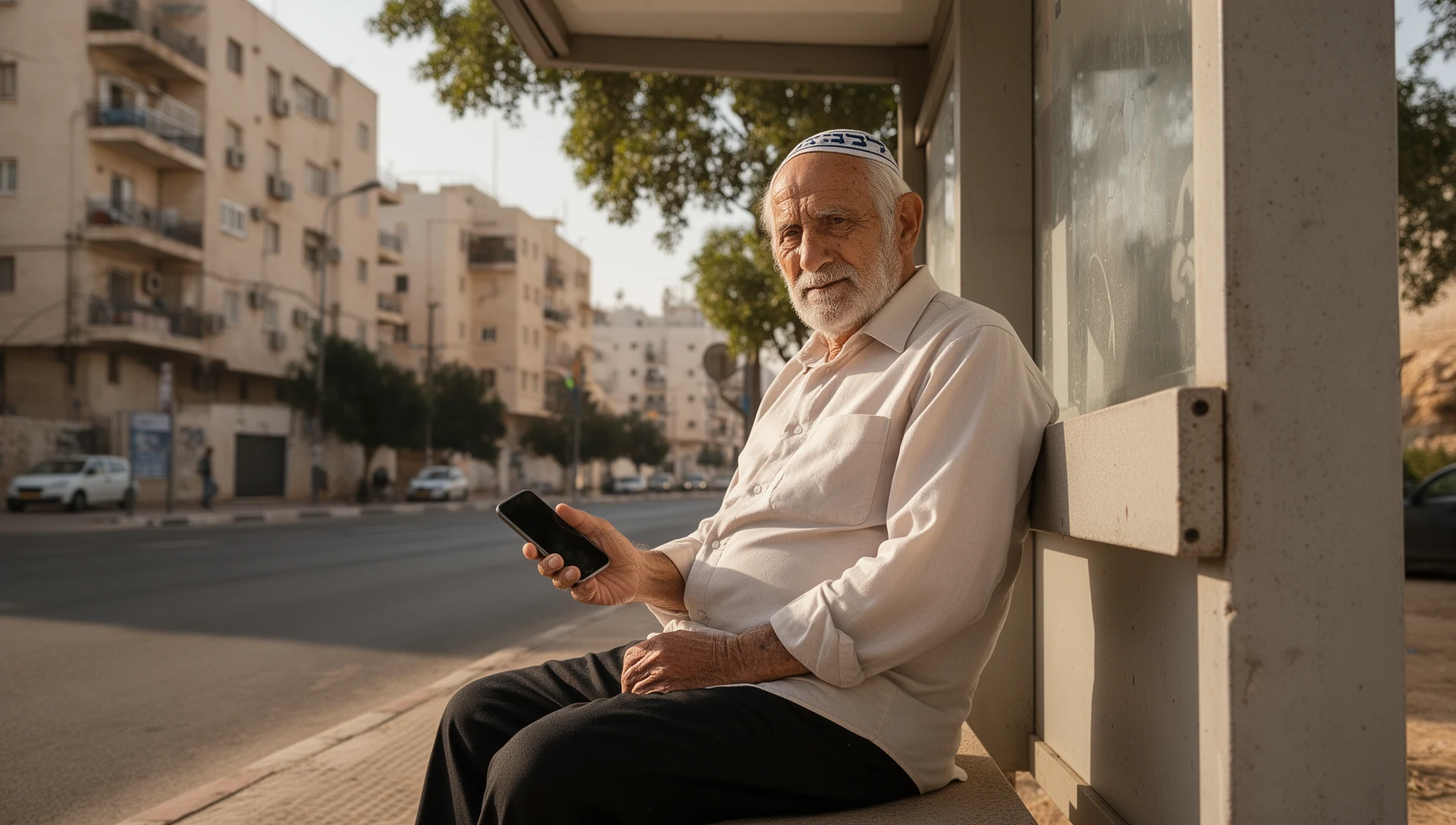 An elderly man uses his simplified smartphone while waiting at a bus stop in an Israeli city, demonstrating independence.