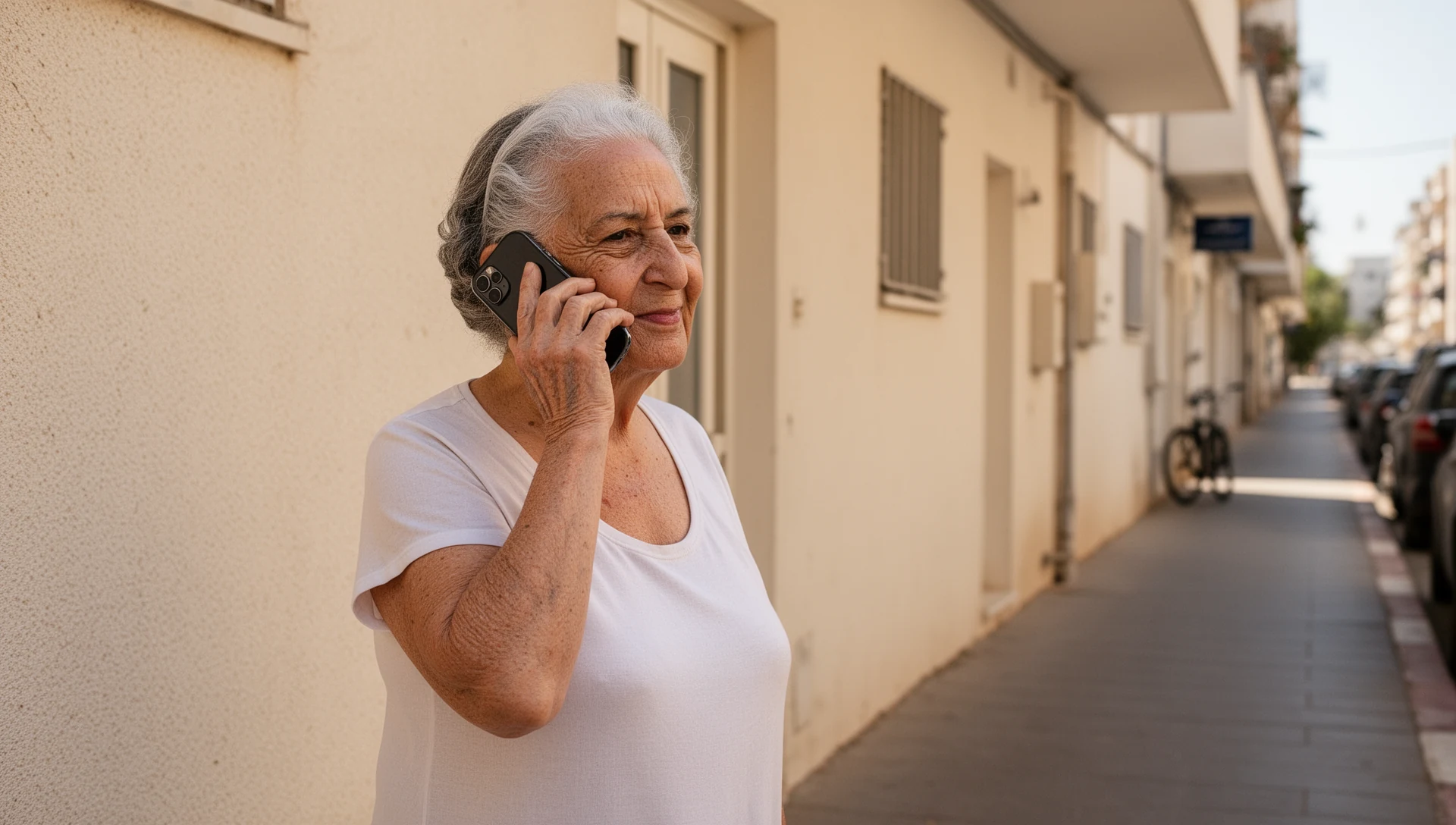 An older woman confidently makes a phone call outside an Israeli pharmacy, showing ease with her simplified smartphone.