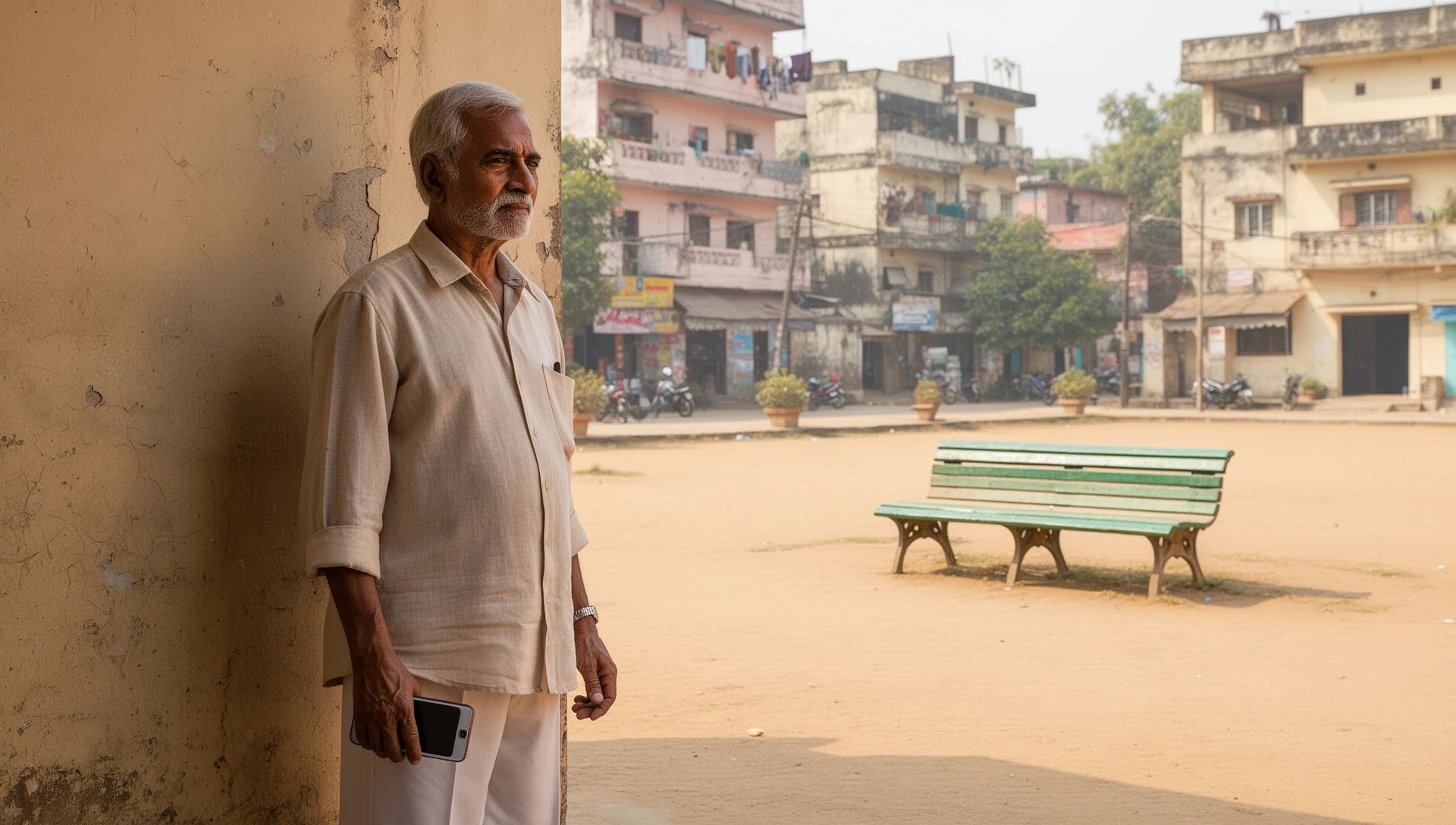 An older Indian man standing in a neighborhood square, looking calmly at his smartphone held in his hand.