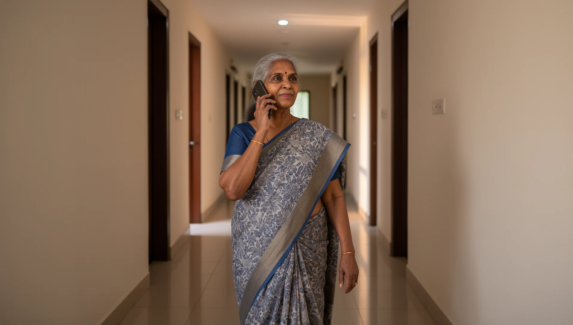 An older Indian woman walking down an apartment corridor, holding a smartphone to her ear, engaged in a call.