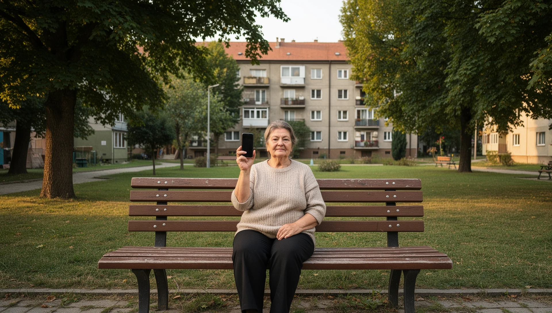 An older woman sitting on a park bench, calmly and confidently using her simplified smartphone.