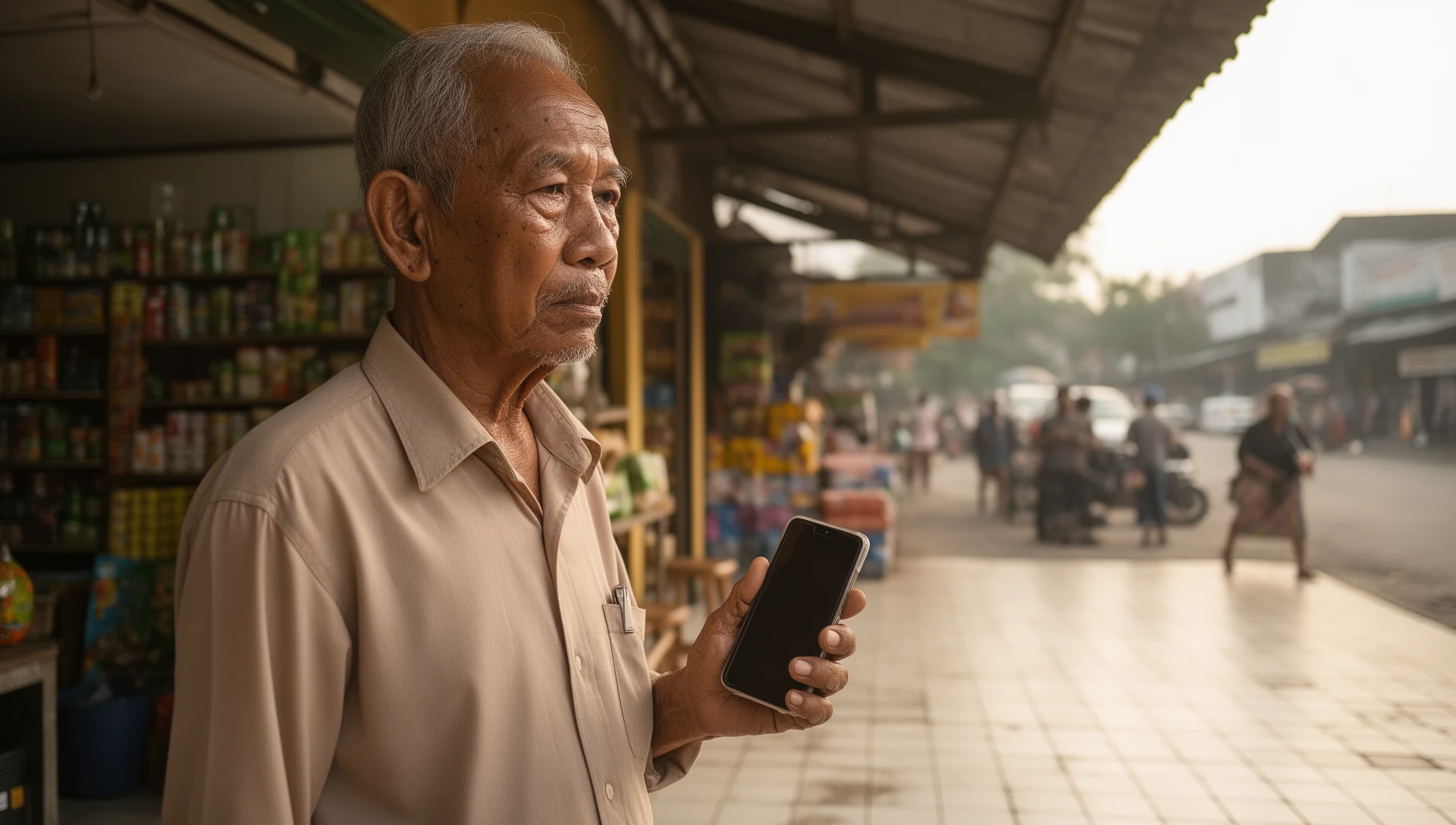 An older man, with a sense of calm and self-reliance, uses his simplified smartphone while standing outside a local shop in Indonesia.