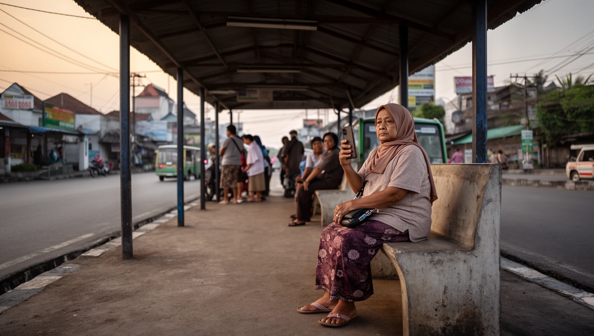 An older woman sits calmly at a covered Indonesian bus stop, holding her simplified smartphone, embodying ease in daily routines.