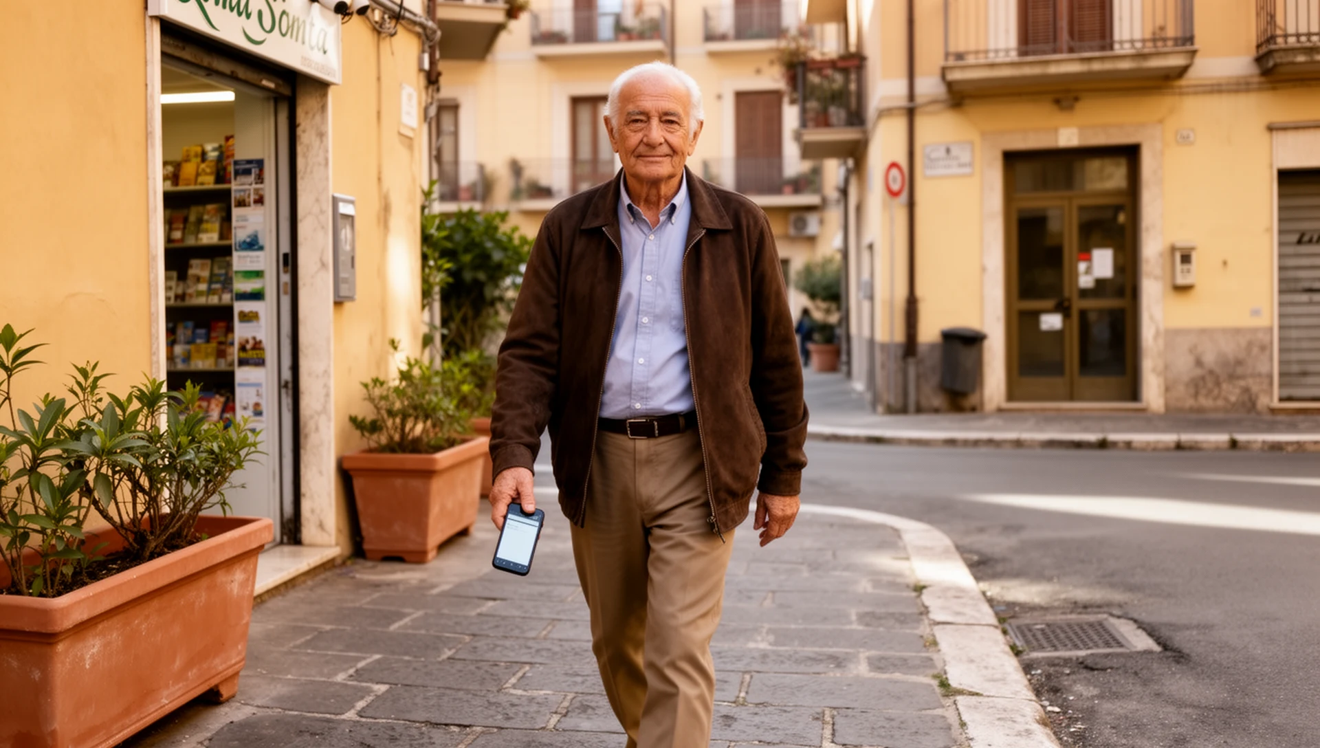 An older Italian man walks confidently down a residential street, checking his simplified smartphone with a calm expression.