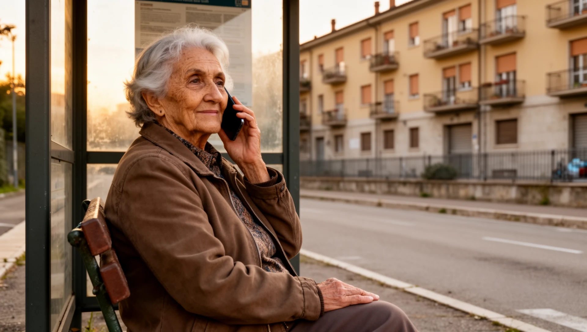 An older Italian woman sits calmly at a bus stop, talking on her simplified smartphone with a relaxed and engaged expression.