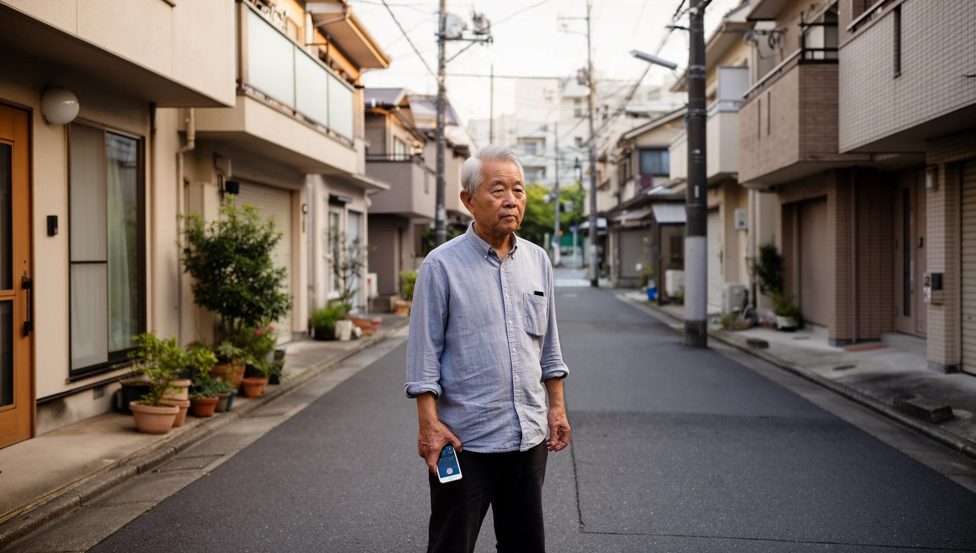 Shows the older person confidently using their simplified phone independently outside the home during an errand.