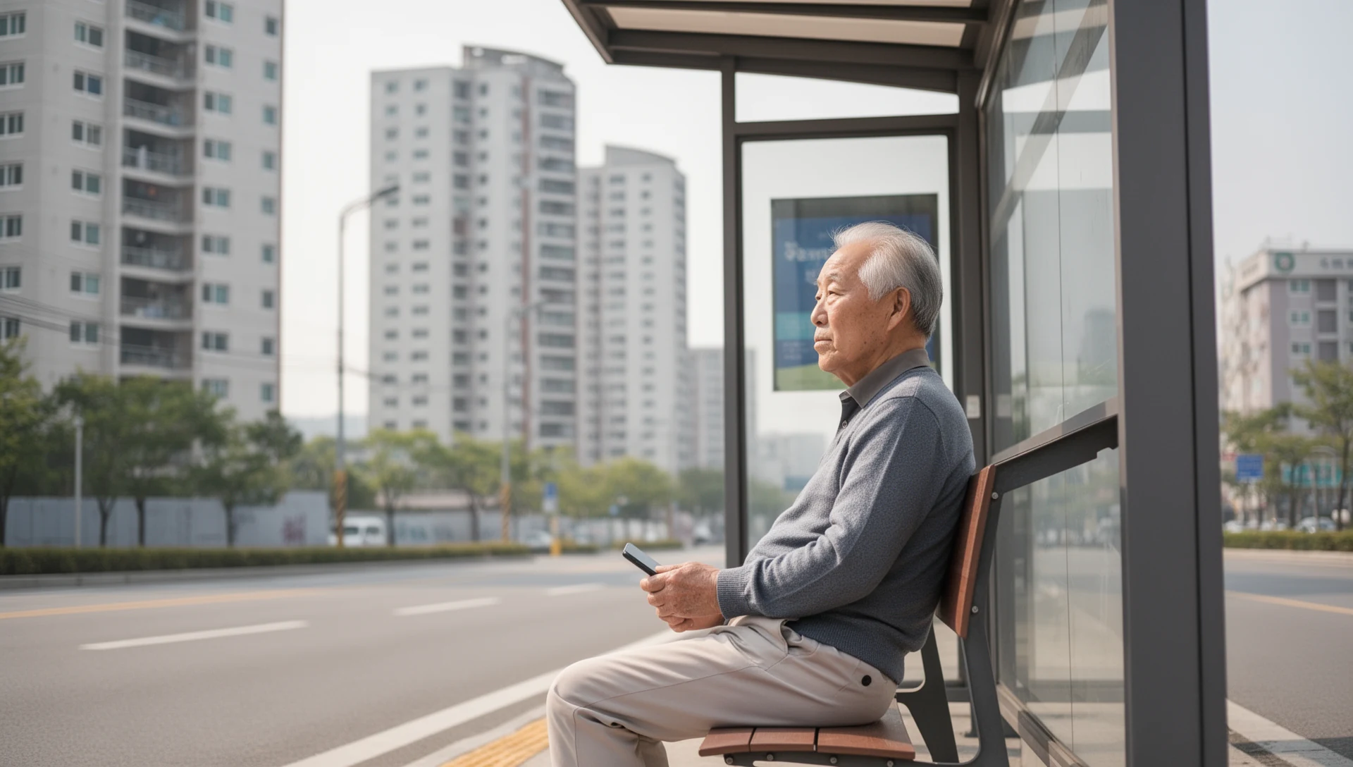 Illustrate the independence and confidence an older person gains from a simplified phone interface in an everyday public setting.