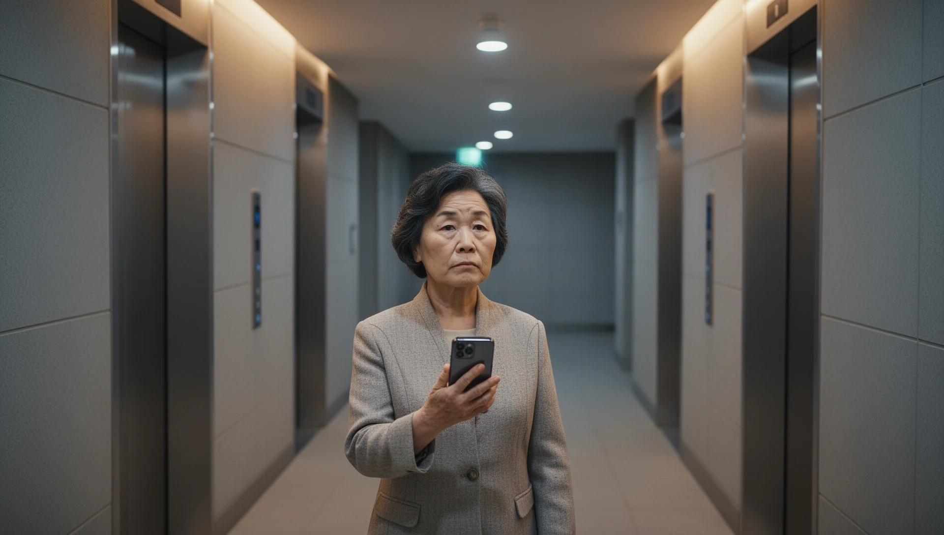 Capture the moment of mild friction or contemplation an older person experiences with their complex smartphone in a common transitional space.
