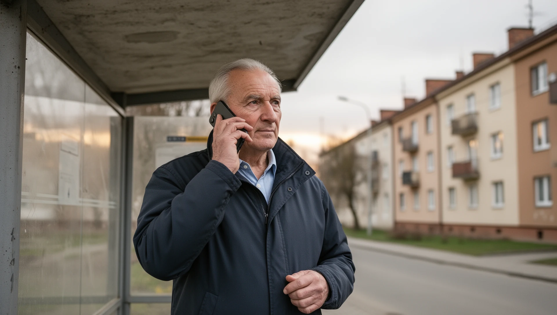 An older man talks on a smartphone at a Lithuanian bus stop, showing independence and ease of communication.