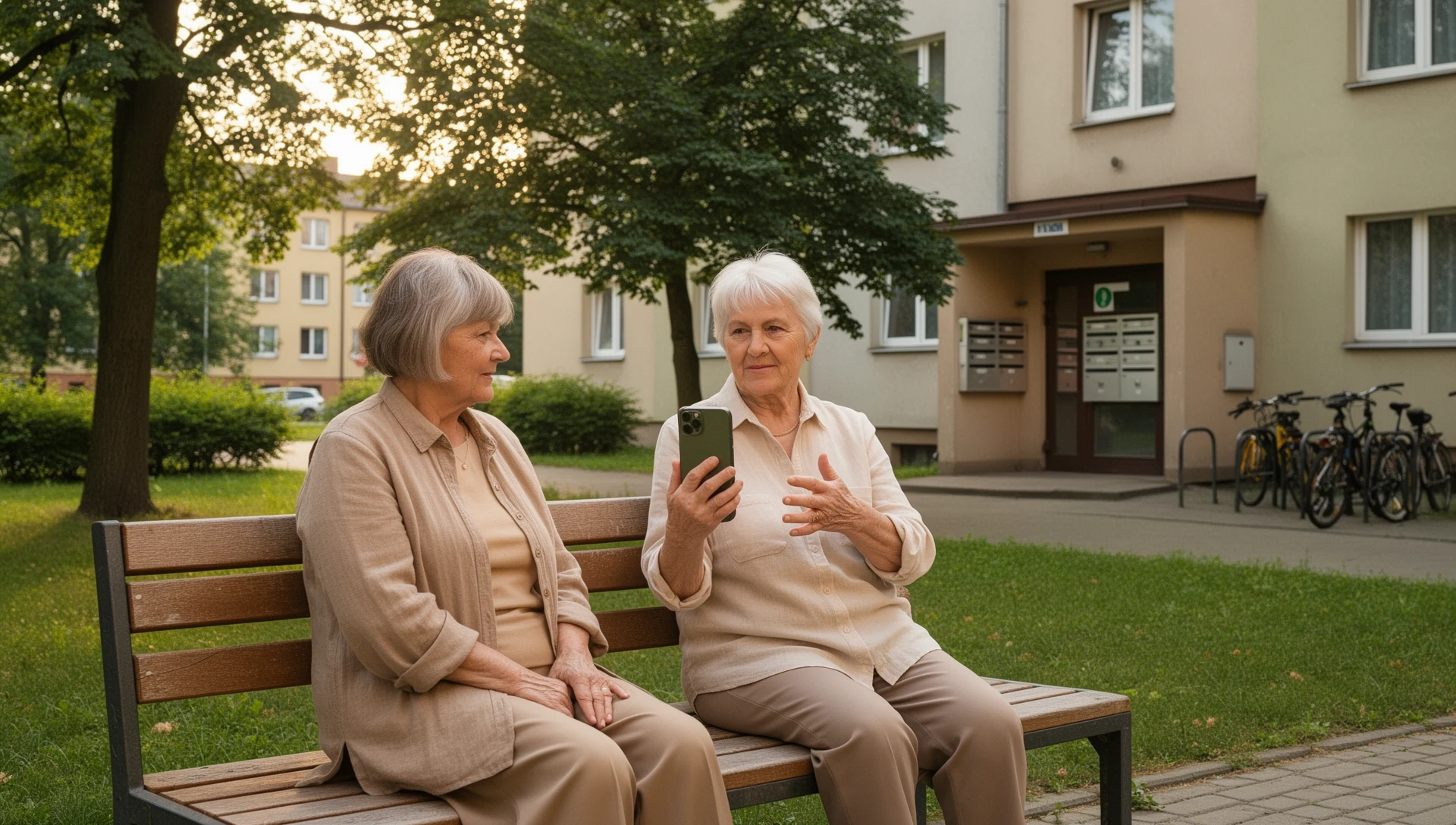Two older women chat on a bench in a Lithuanian park, one holding a smartphone, conveying relaxed social connection.