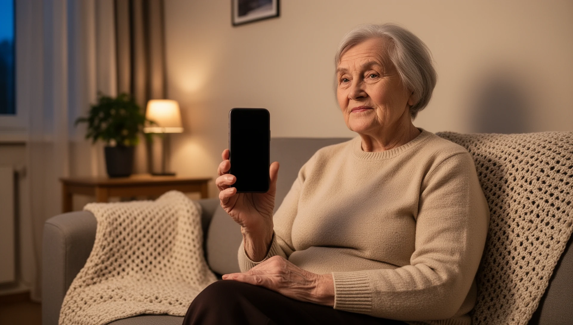A senior woman relaxes in her living room, holding her simplified Android phone with a serene expression, reflecting ease of use.