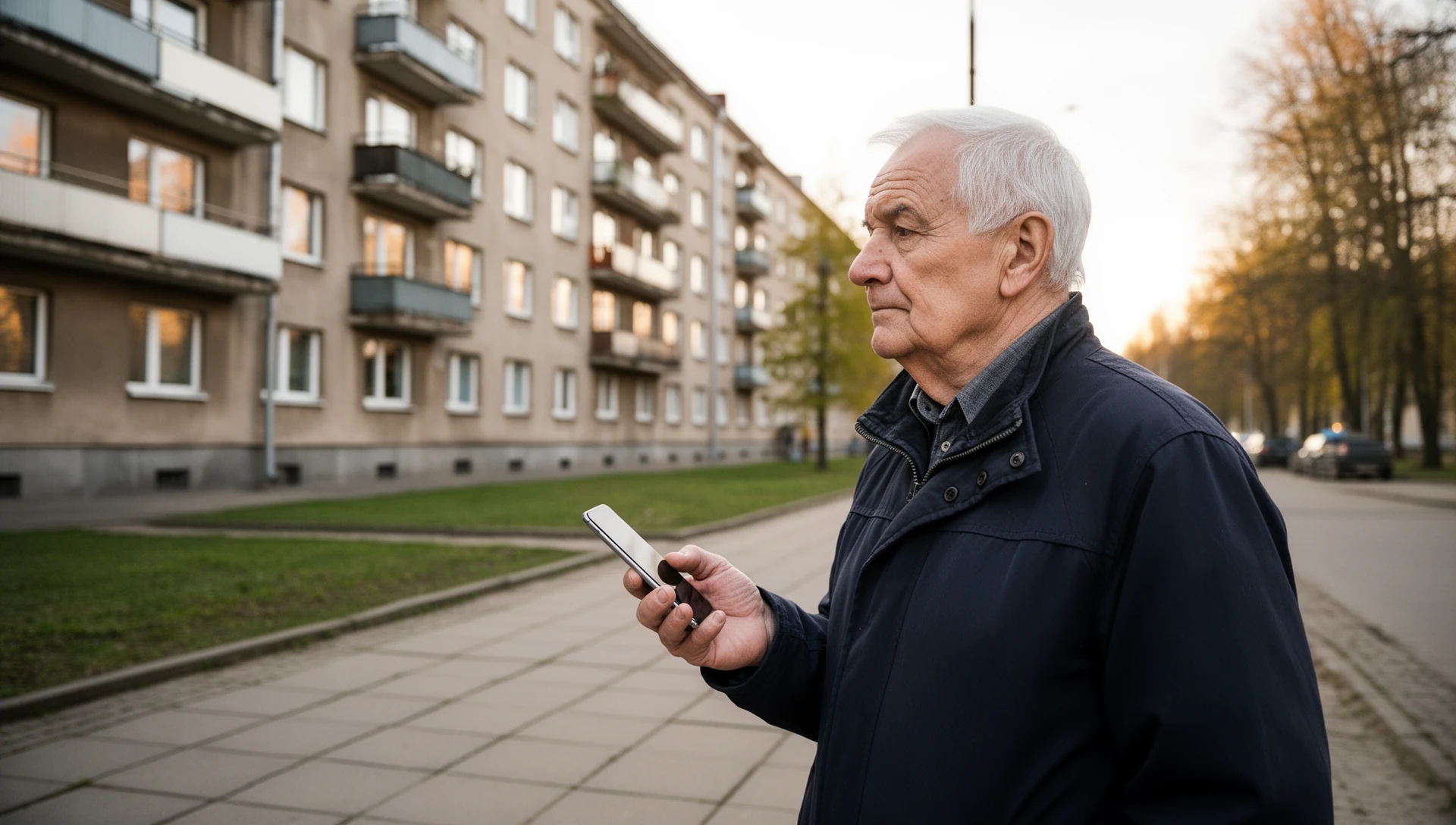 An older man confidently checks his simplified Android phone while taking a walk in a Latvian residential neighborhood, embodying independence.