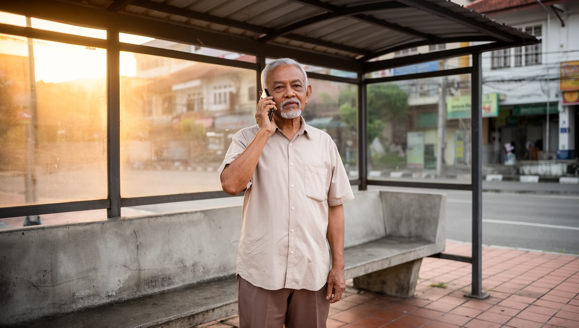 An older man stands calmly at a bus stop, holding a smartphone to his ear, demonstrating confident independent use.