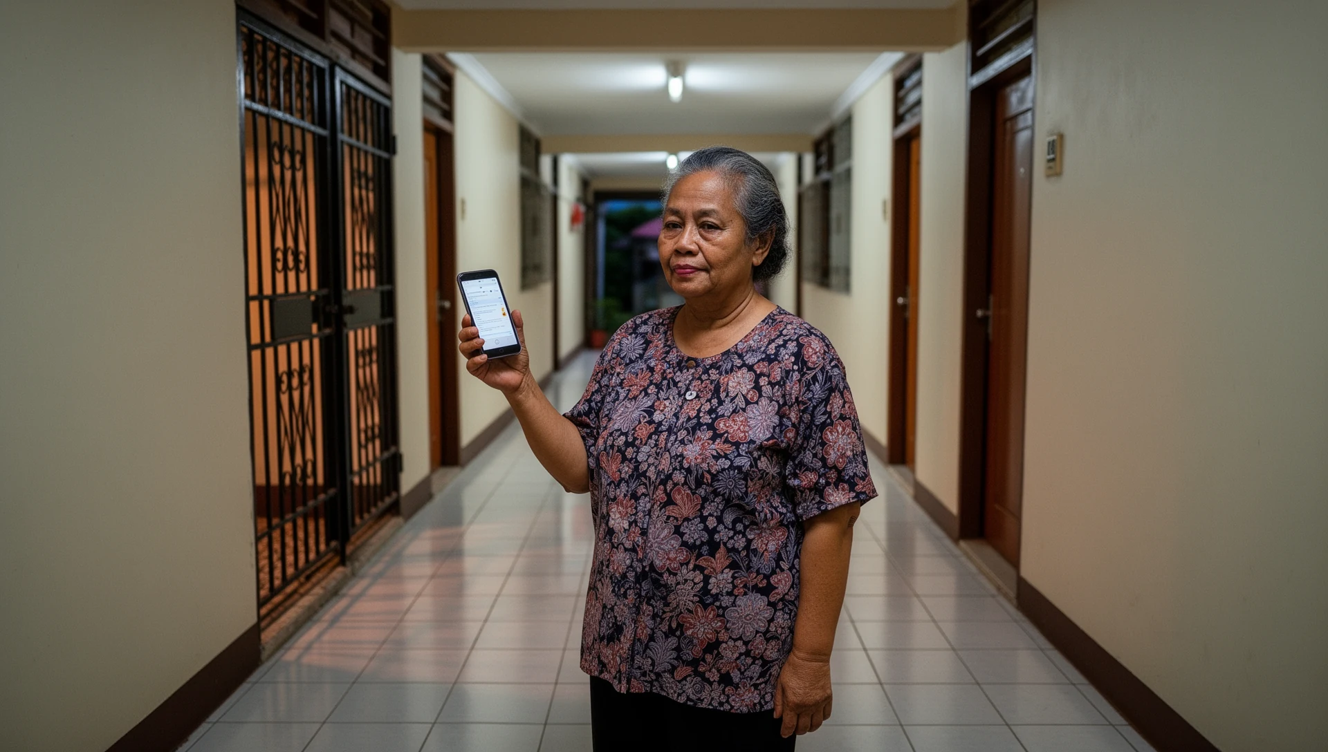 An older woman stands in an apartment corridor, holding her smartphone near her chest with a calm, confident expression, having just returned home.