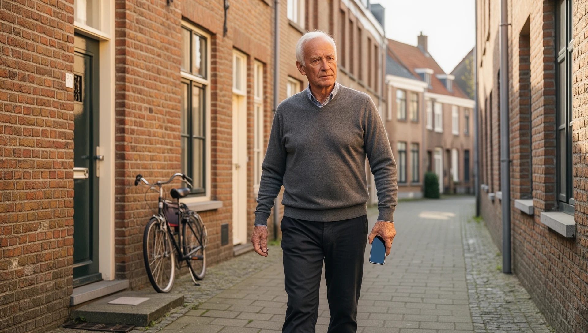An older man walking on a sidewalk in a Flemish neighborhood, looking at his smartphone with a calm, assured expression.