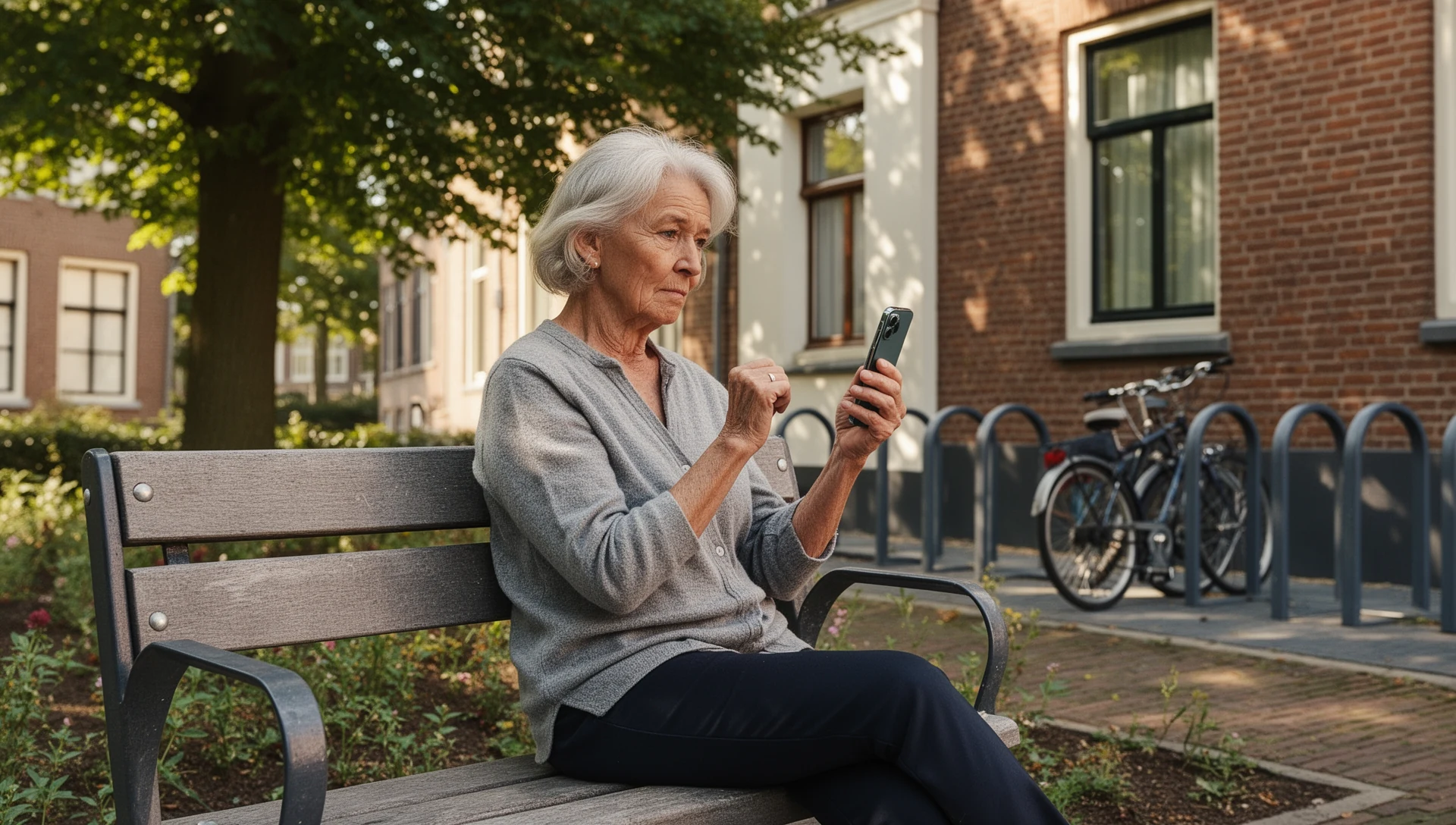 An older woman sitting on a park bench in Flanders, holding her smartphone close, looking thoughtful and at peace.