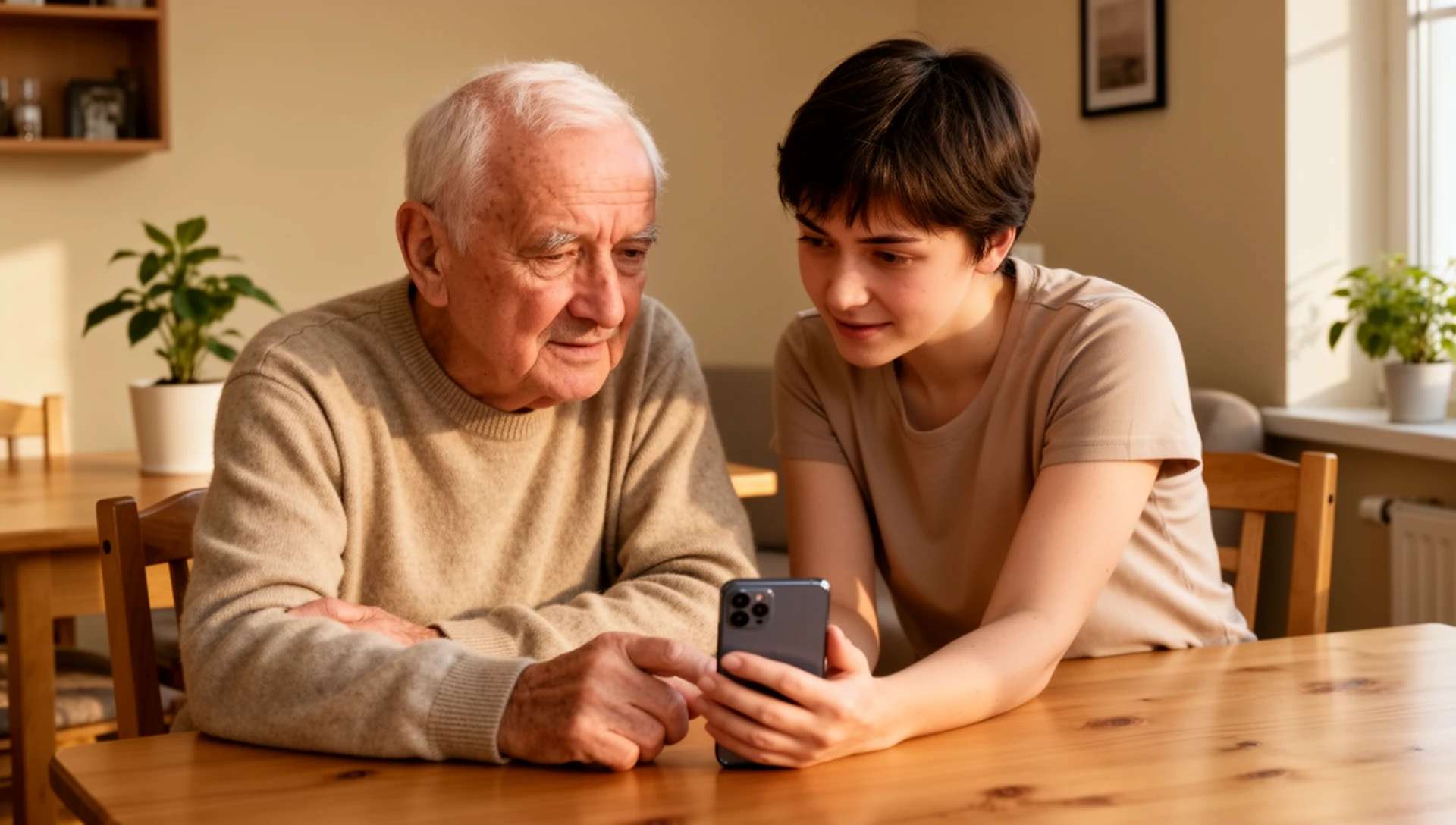 An older man and his adult daughter are seated at a dining table in a Polish apartment, with the man holding a smartphone while the daughter gestures gently towards it, implying guidance.