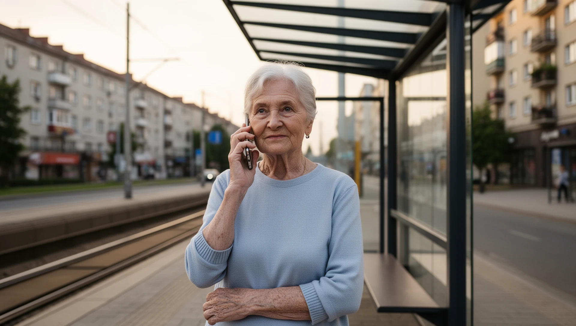 An older woman stands calmly at a Polish tram stop, holding a smartphone to her ear, engaged in a call. The background shows typical urban architecture.