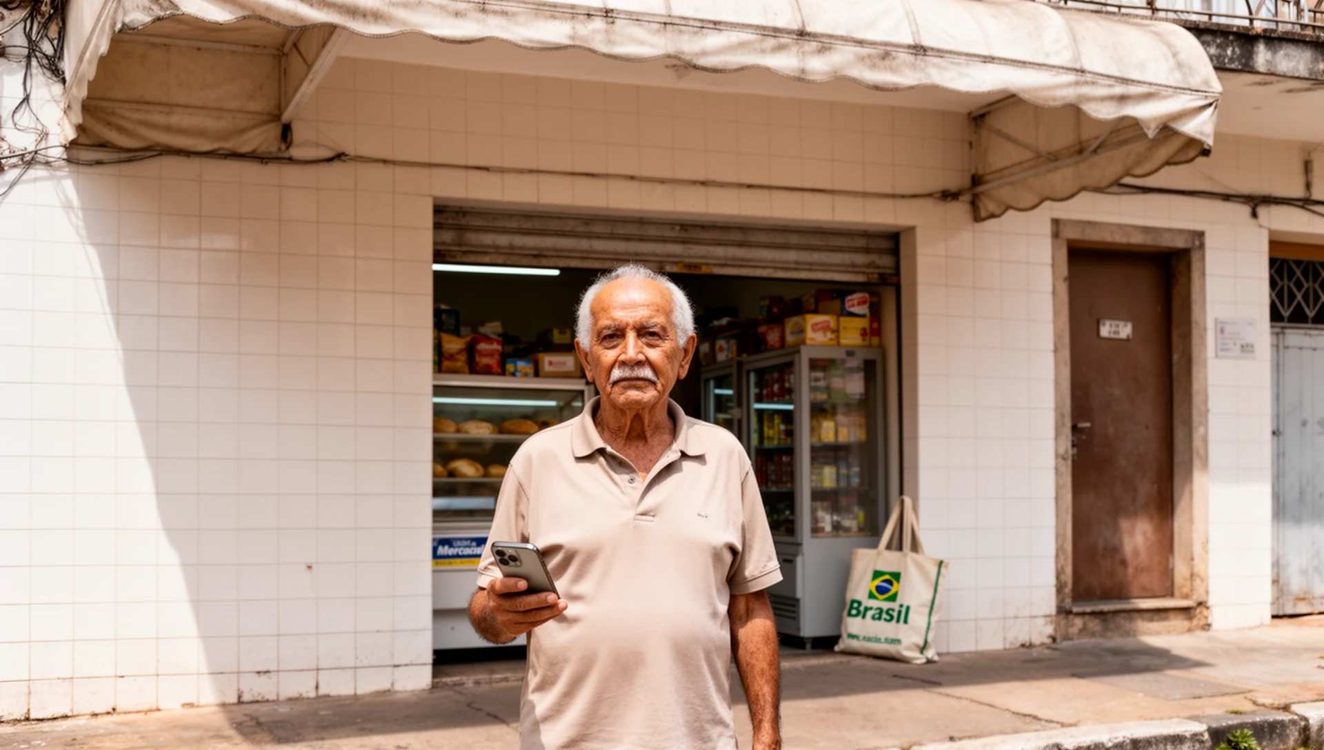 An older Brazilian man stands calmly outside a local shop, looking at his smartphone held in his hand, appearing self-assured.