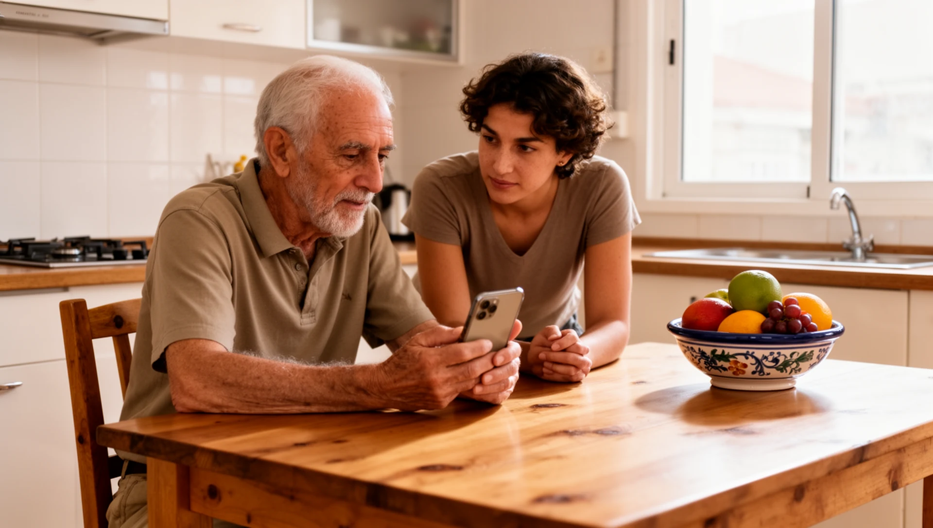An adult daughter gently helps her older father at a Portuguese kitchen table, setting up his smartphone with a simpler interface.