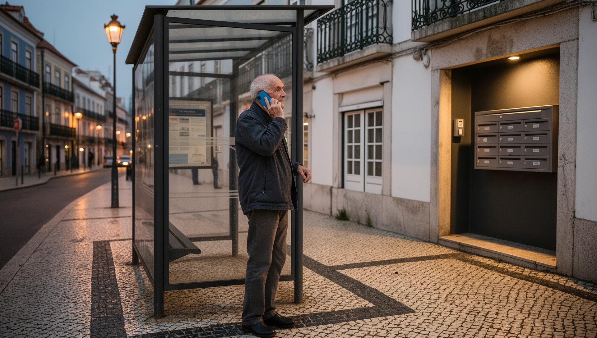 An older Portuguese man stands confidently at a bus stop, making a call on his simplified smartphone, demonstrating independence.
