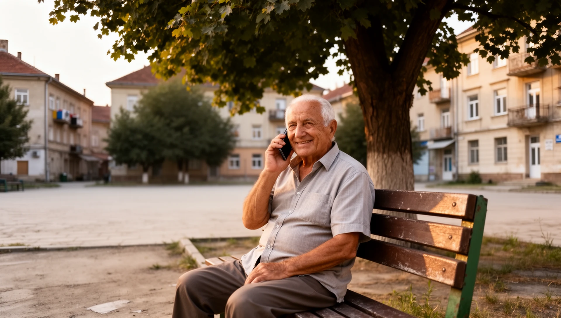Show an older person confidently using their simplified phone for communication in a public setting, emphasizing trust and social connection.