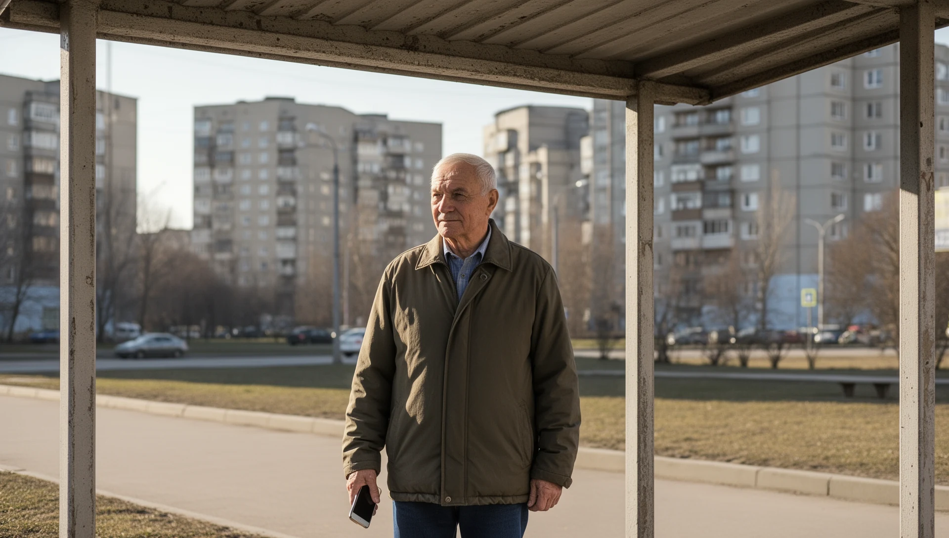 An older man stands calmly at a bus stop, checking his phone with ease, reflecting the independence gained from a simplified smartphone interface.