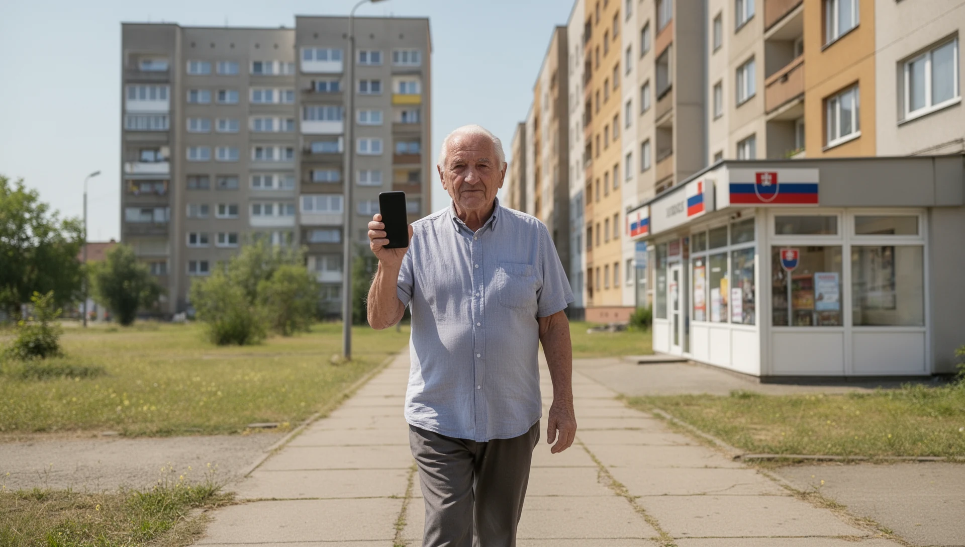 An older Slovak man walks along a city sidewalk, holding his smartphone near his chest, looking calm and capable, with typical apartment buildings in the background.