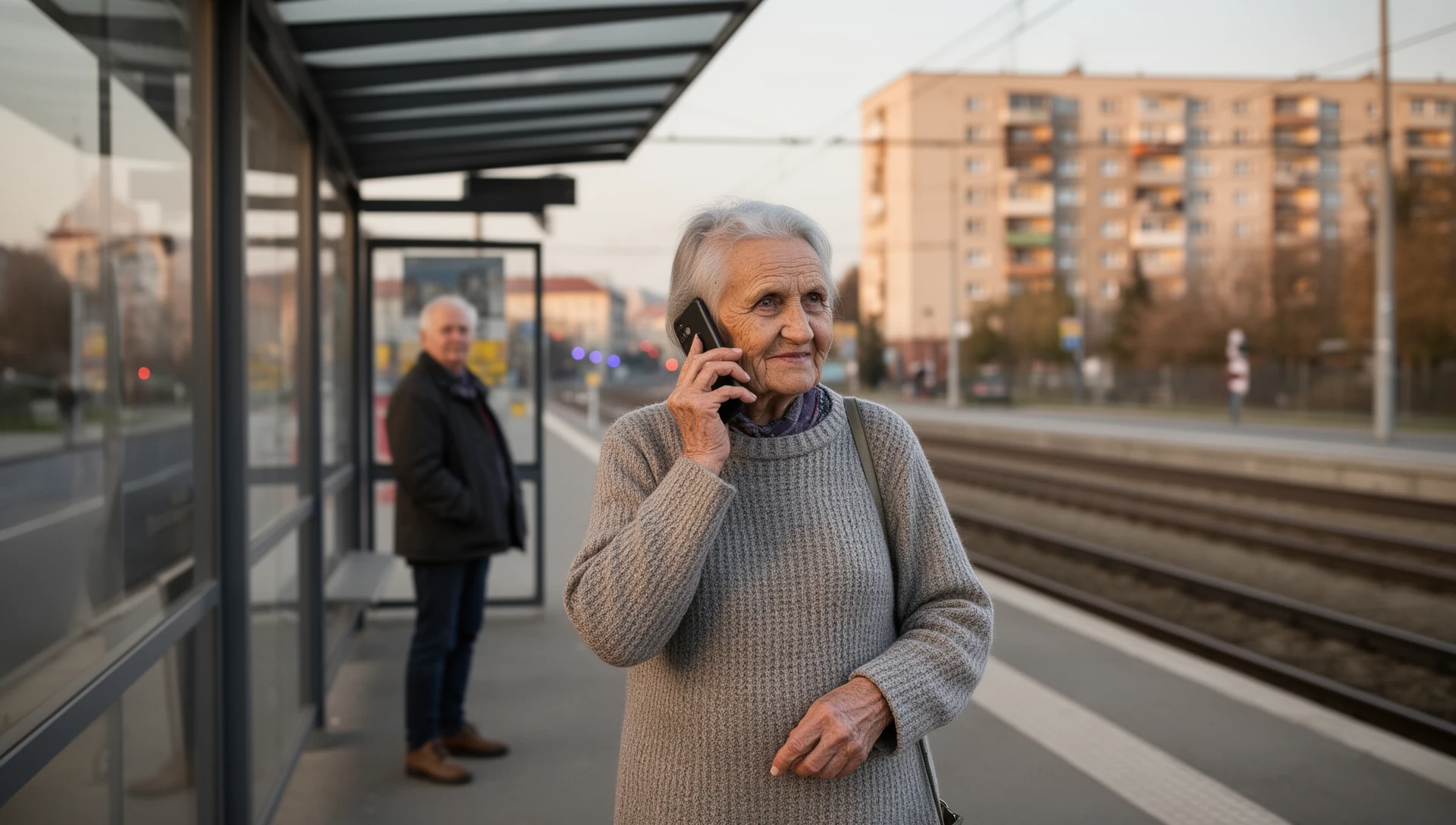 An older Slovak woman stands at a tram stop, holding her smartphone to her ear, smiling faintly as she talks, with another senior person waiting nearby.