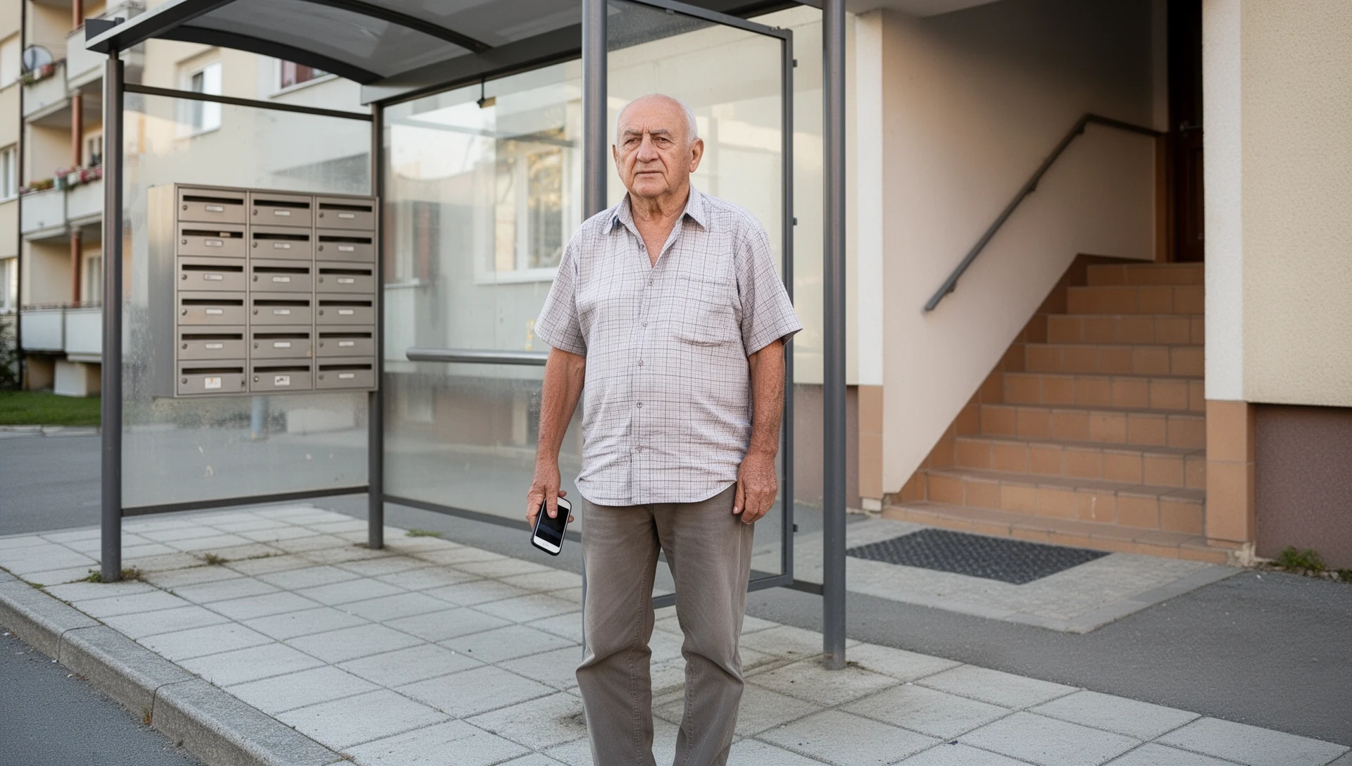 An older man stands calmly at a Slovenian city bus stop, confidently checking his simplified phone.