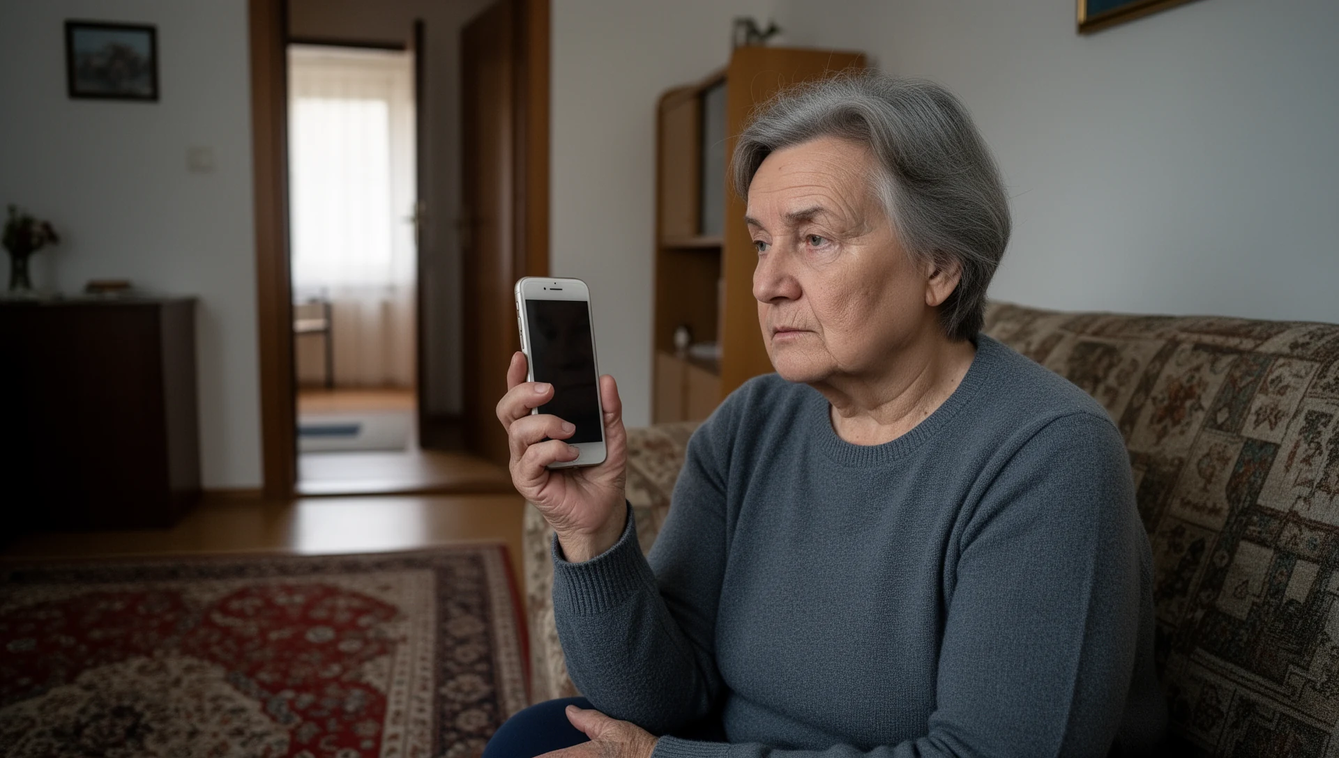 An older woman sits thoughtfully in her Slovenian living room, holding her smartphone with a pensive expression, hinting at complexity.