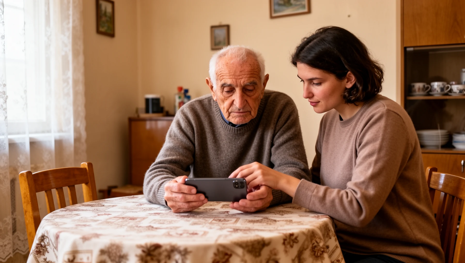 An older Serbian man and his adult daughter sit at a dining table, sharing a moment as they look at his smartphone, emphasizing family support and calm learning.