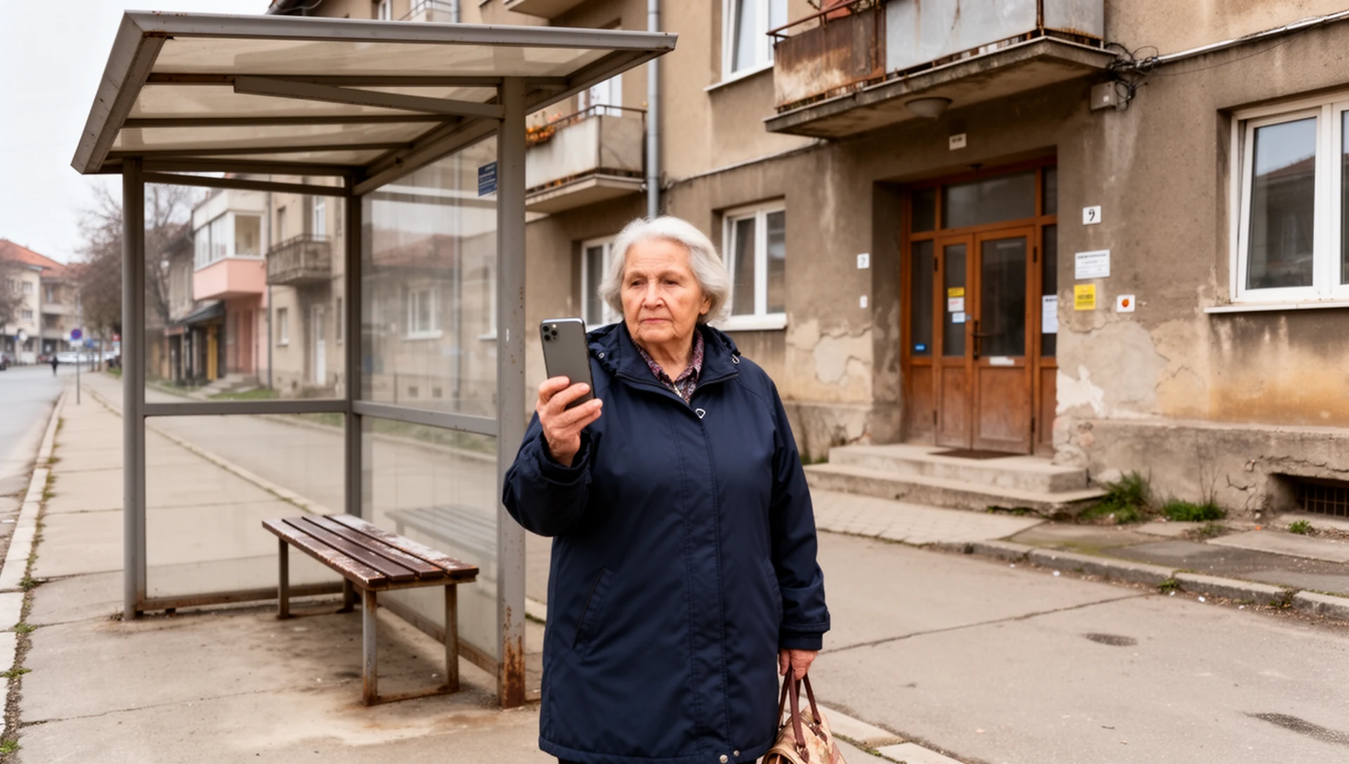 An older Serbian woman stands patiently at a bus stop, holding her smartphone near her chest and looking at it, demonstrating calm and independent navigation of public transit.