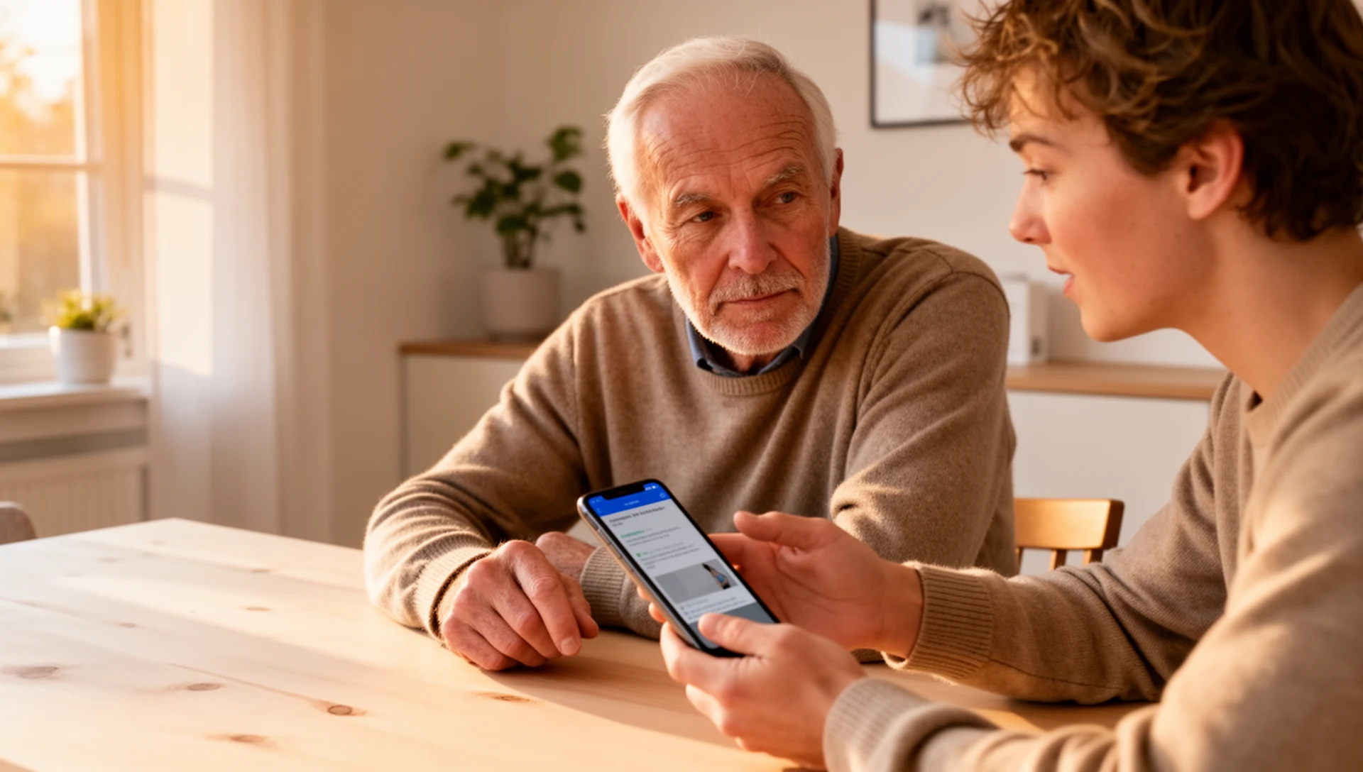 An adult child patiently shows their older parent how to use a simplified smartphone interface at a dining table, highlighting ease of use and family support.