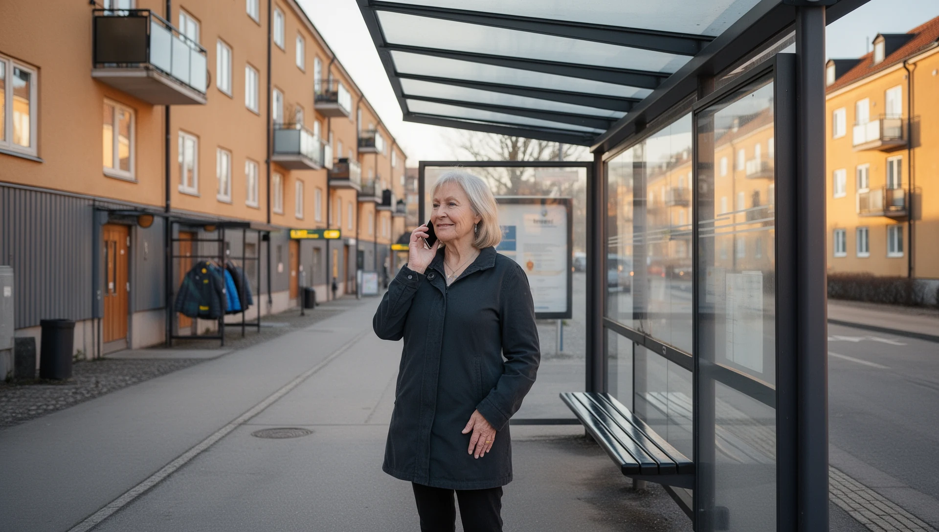 An older woman stands calmly at a Swedish bus stop, confidently talking on her smartphone, illustrating independent daily life with a simplified device.