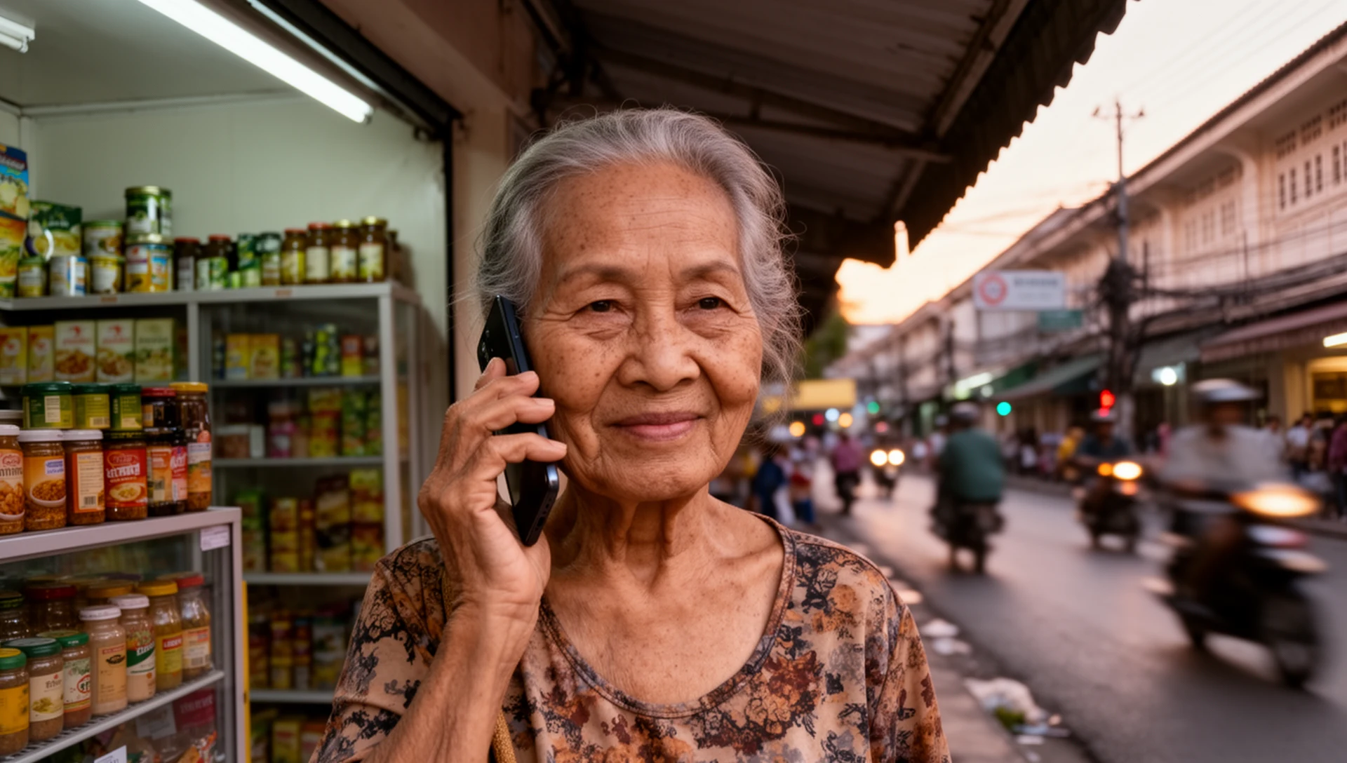 An older woman stands outside a local shop, holding her smartphone to her ear with a calm and purposeful expression.