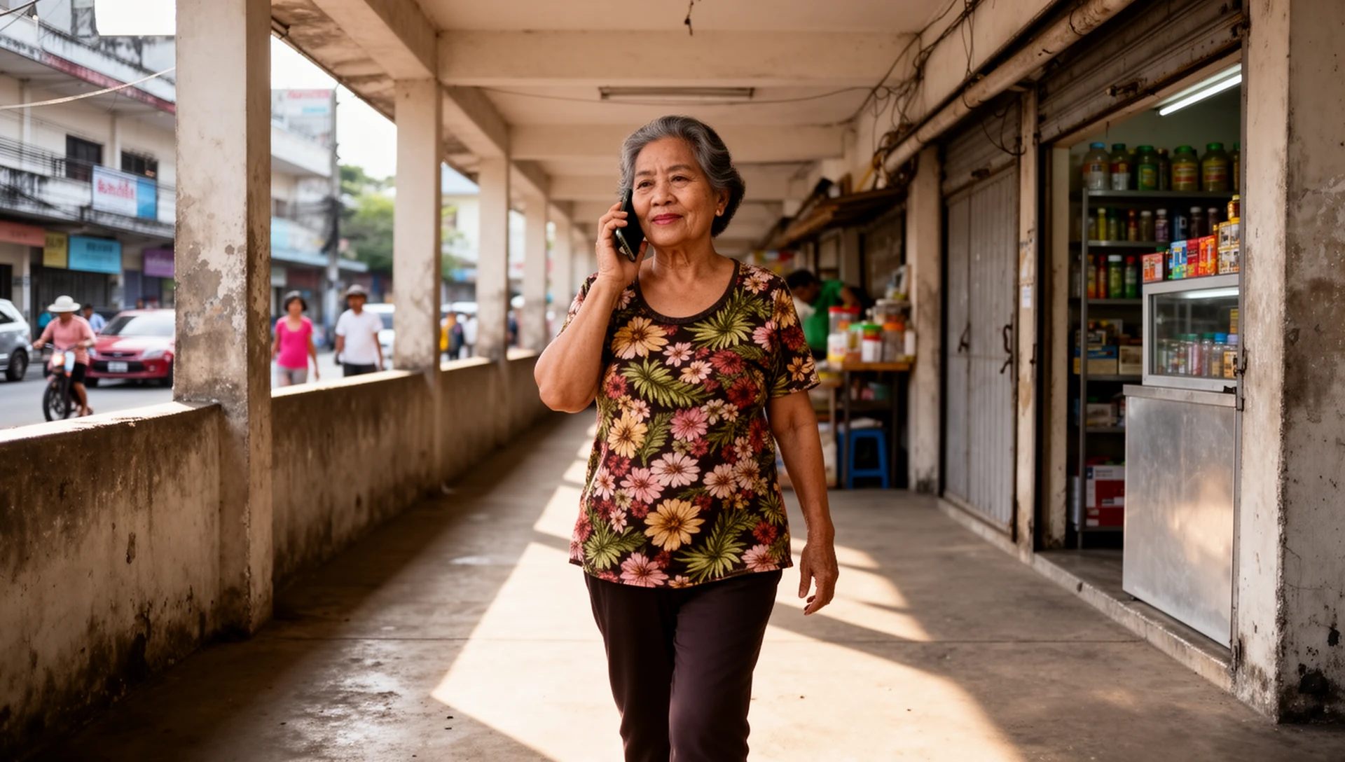 An older Filipino woman walks along a covered urban walkway, holding a smartphone to her ear with a confident and relaxed expression, a small shopfront in the background.
