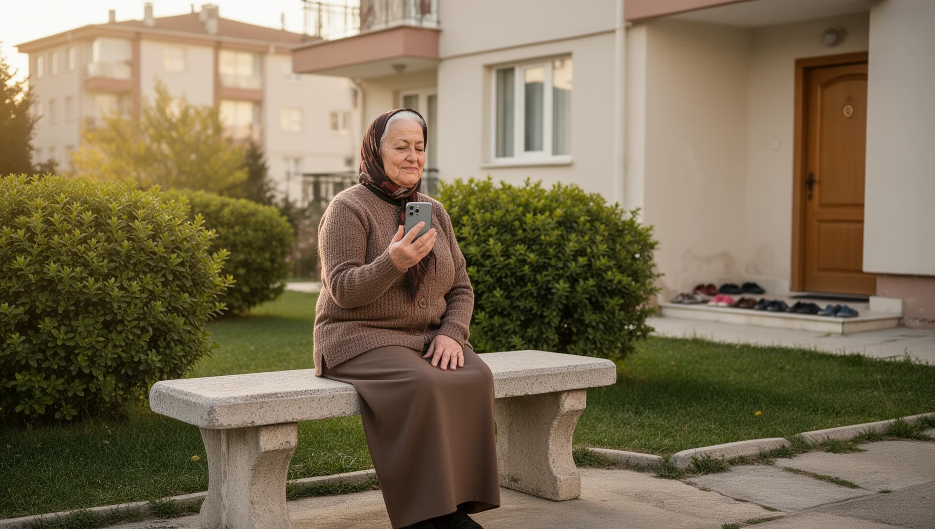 An older Turkish woman sits peacefully on a community bench in a park, holding a smartphone gently near her chest, looking content and reflective in the soft late afternoon light.