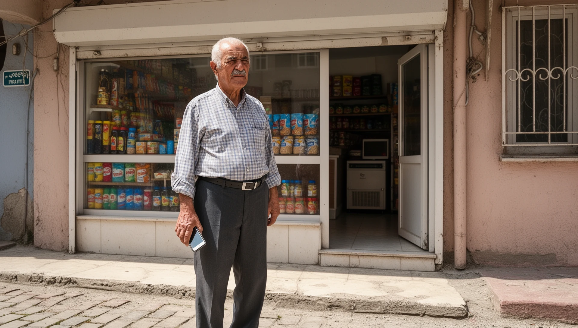 An older Turkish man stands calmly outside a small neighborhood shop, holding a smartphone in his hand, appearing to check something quickly before continuing his errand.